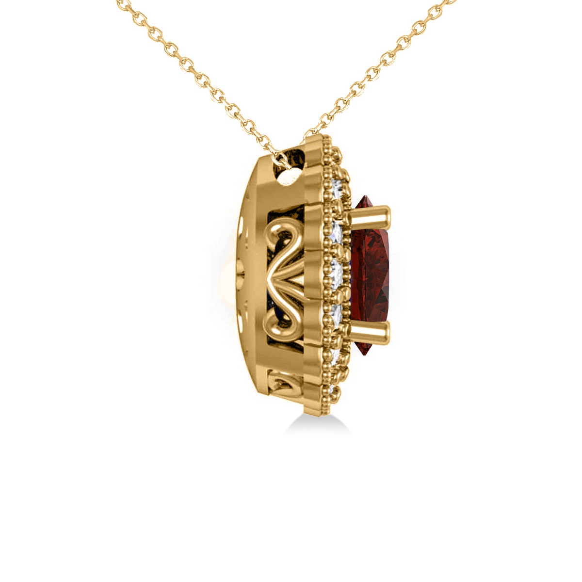 Garnet & Diamond Floral Oval Pendant Necklace 14k Yellow Gold (2.98ct)