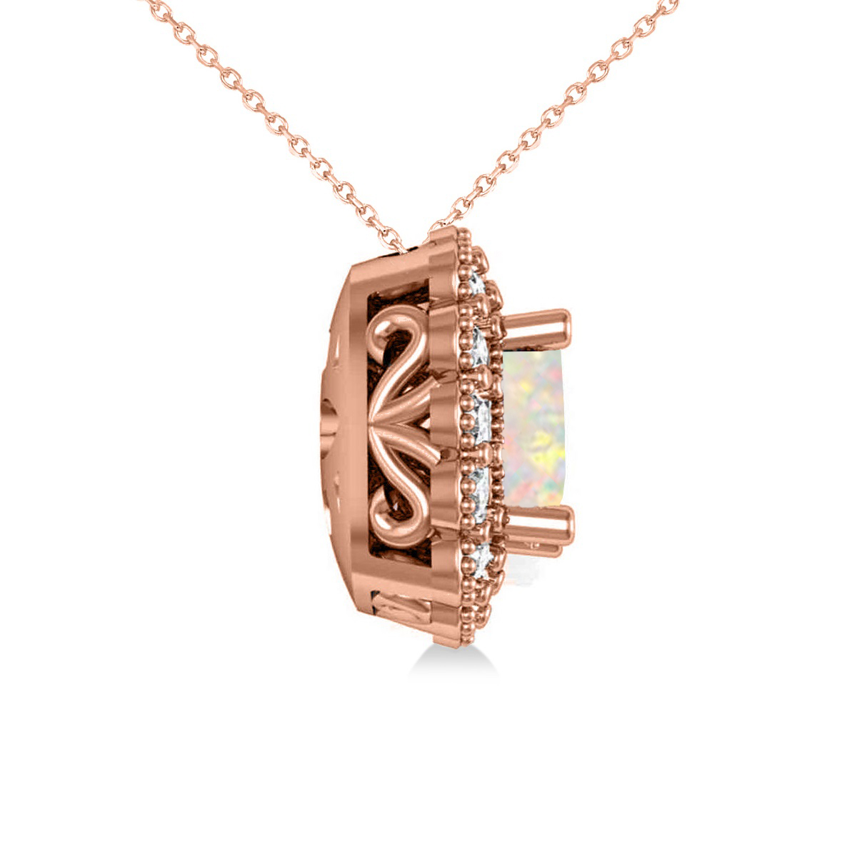 Opal & Diamond Floral Cushion Pendant Necklace 14k Rose Gold (1.68ct)