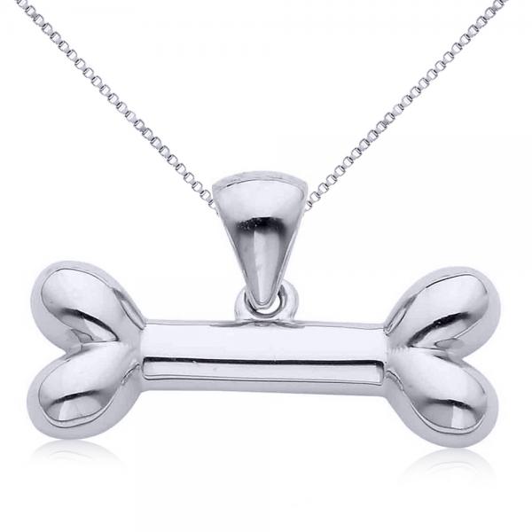Dog Bone Pendant Necklace in Plain Metal 14k White Gold