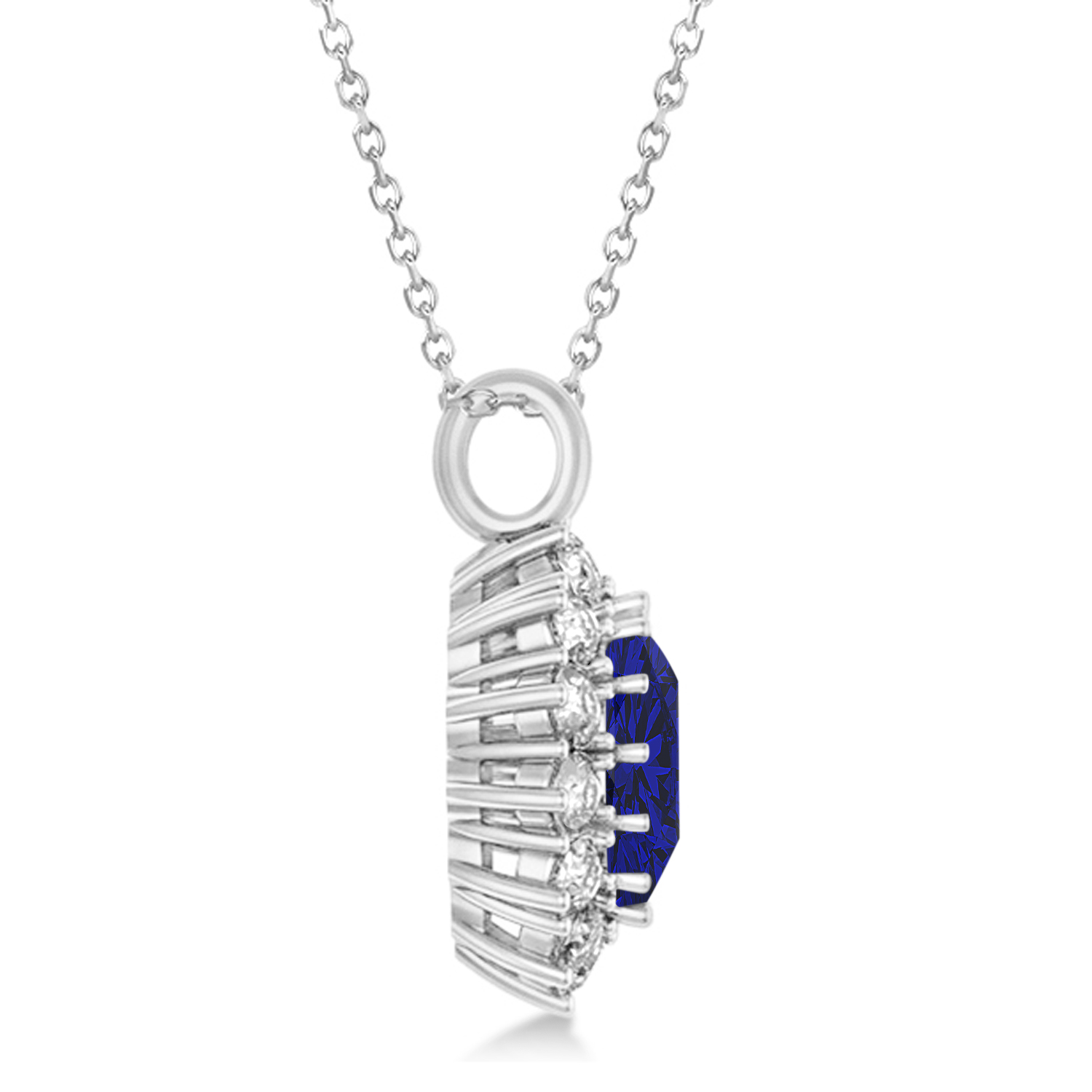 Oval Lab Blue Sapphire & Diamond Pendant Necklace 18k White