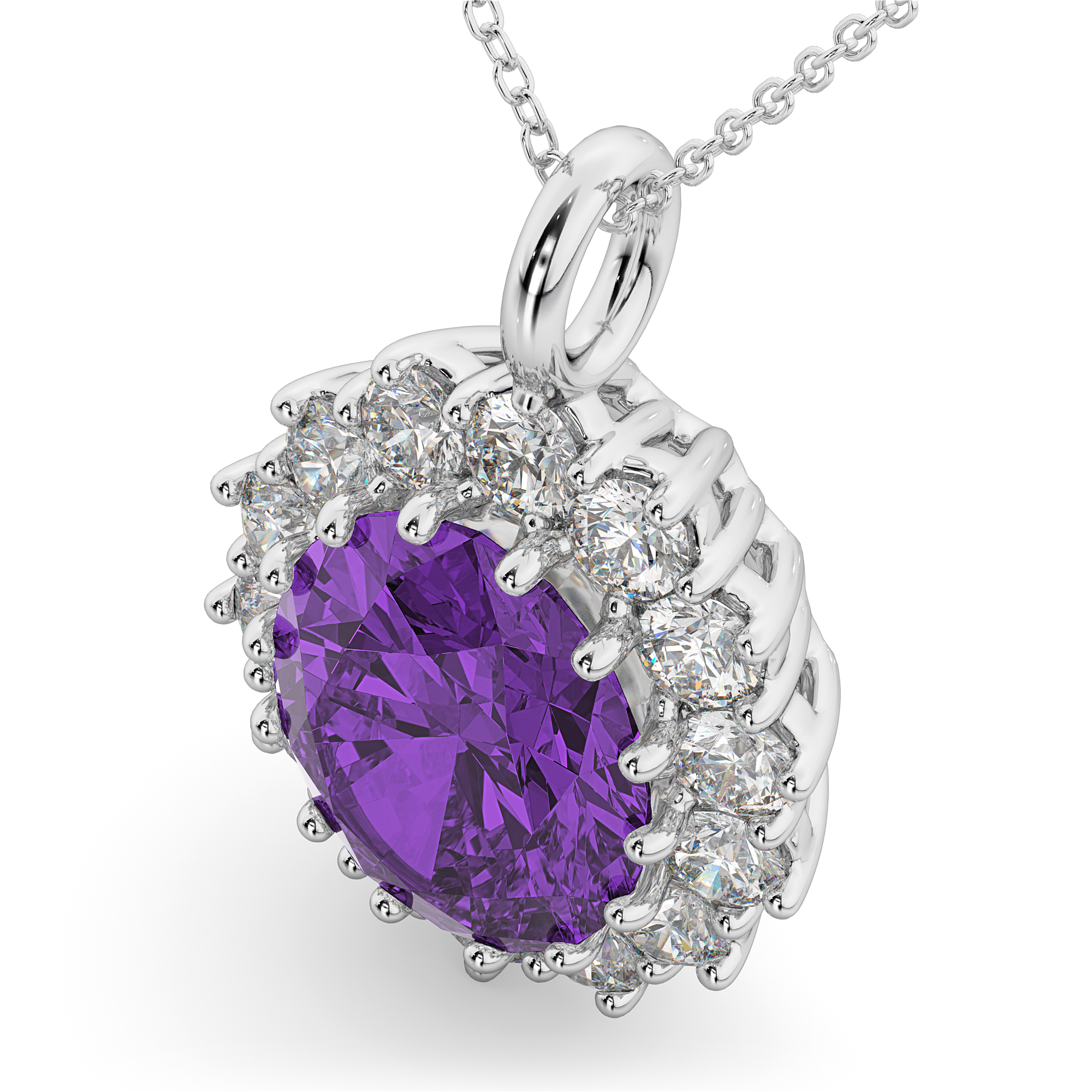 Oval Amethyst & Diamond Halo Pendant Necklace 14k White Gold (6.40ct)
