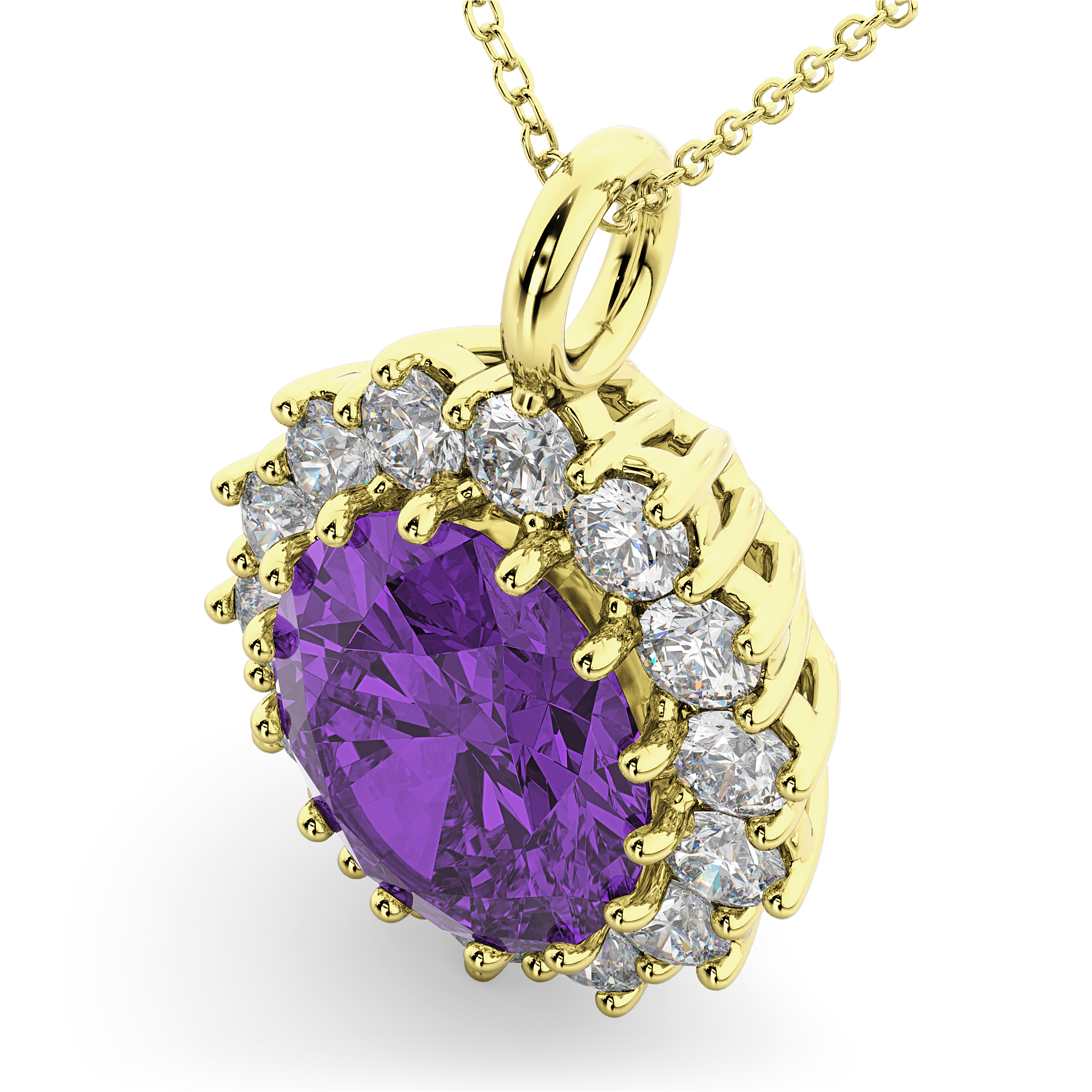 Oval Amethyst & Diamond Halo Pendant Necklace 14k Yellow Gold (6.40ct)