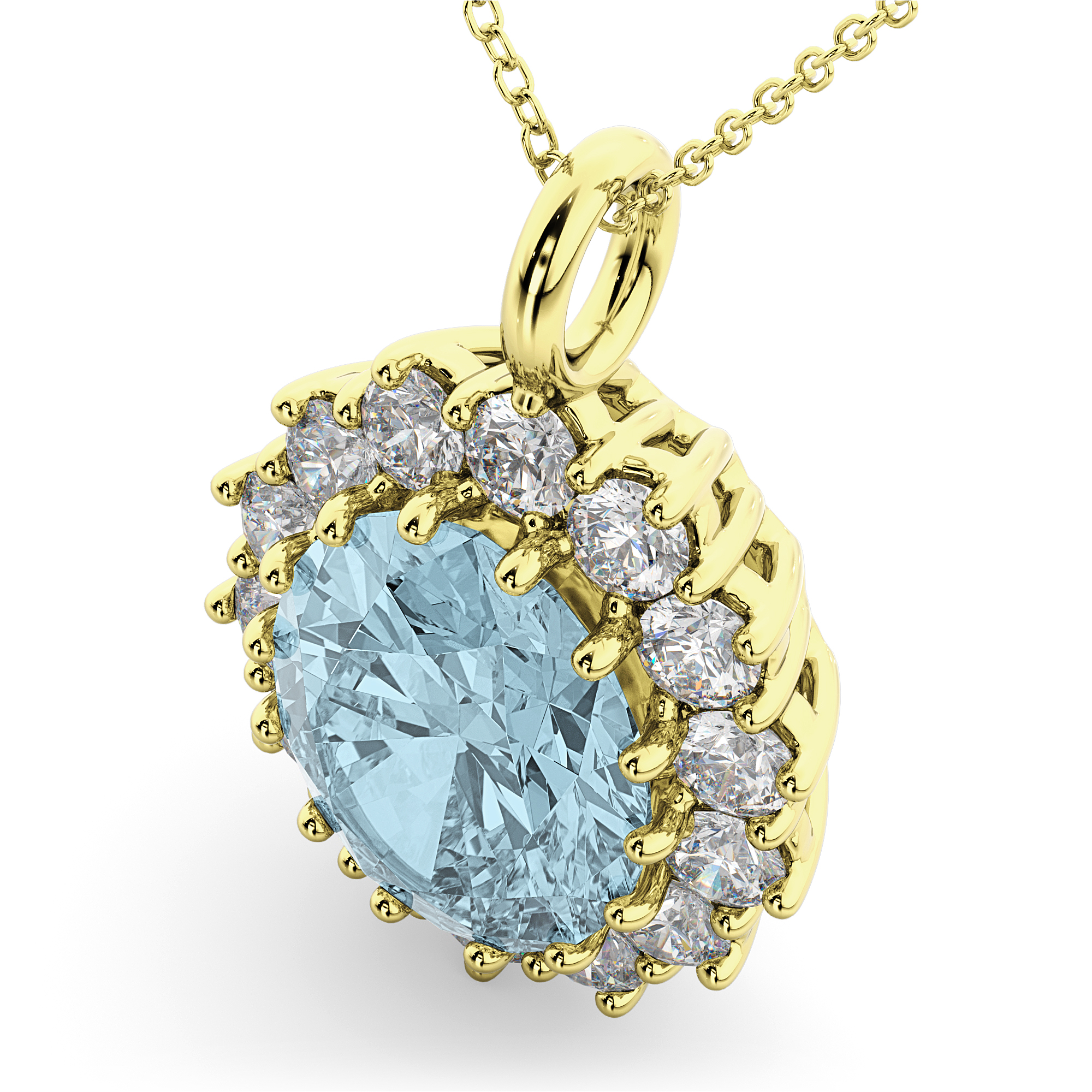 Oval Aquamarine & Diamond Halo Pendant Necklace 14k Yellow Gold 6.40ct