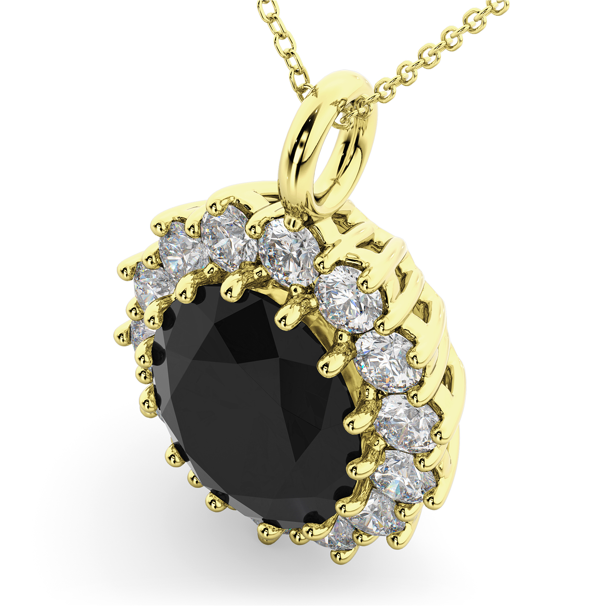 Oval Black Diamond & Diamond Halo Pendant Necklace 14k Yellow Gold (6.40ct)