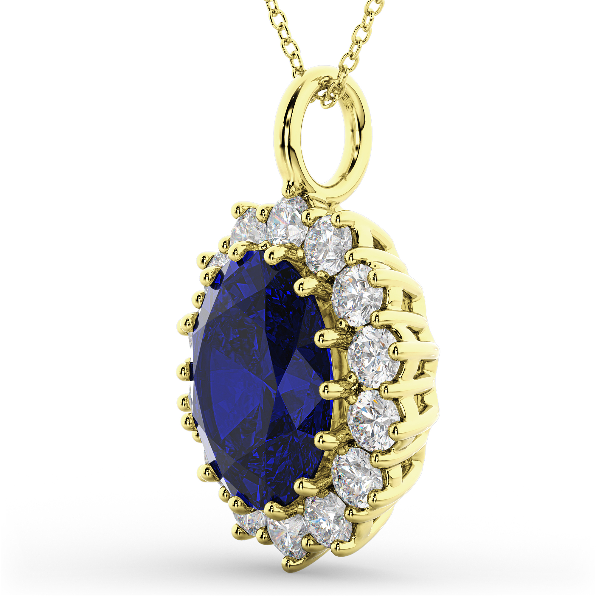 Oval Blue Sapphire & Diamond Halo Pendant Necklace 14k Yellow Gold (6.40ct)