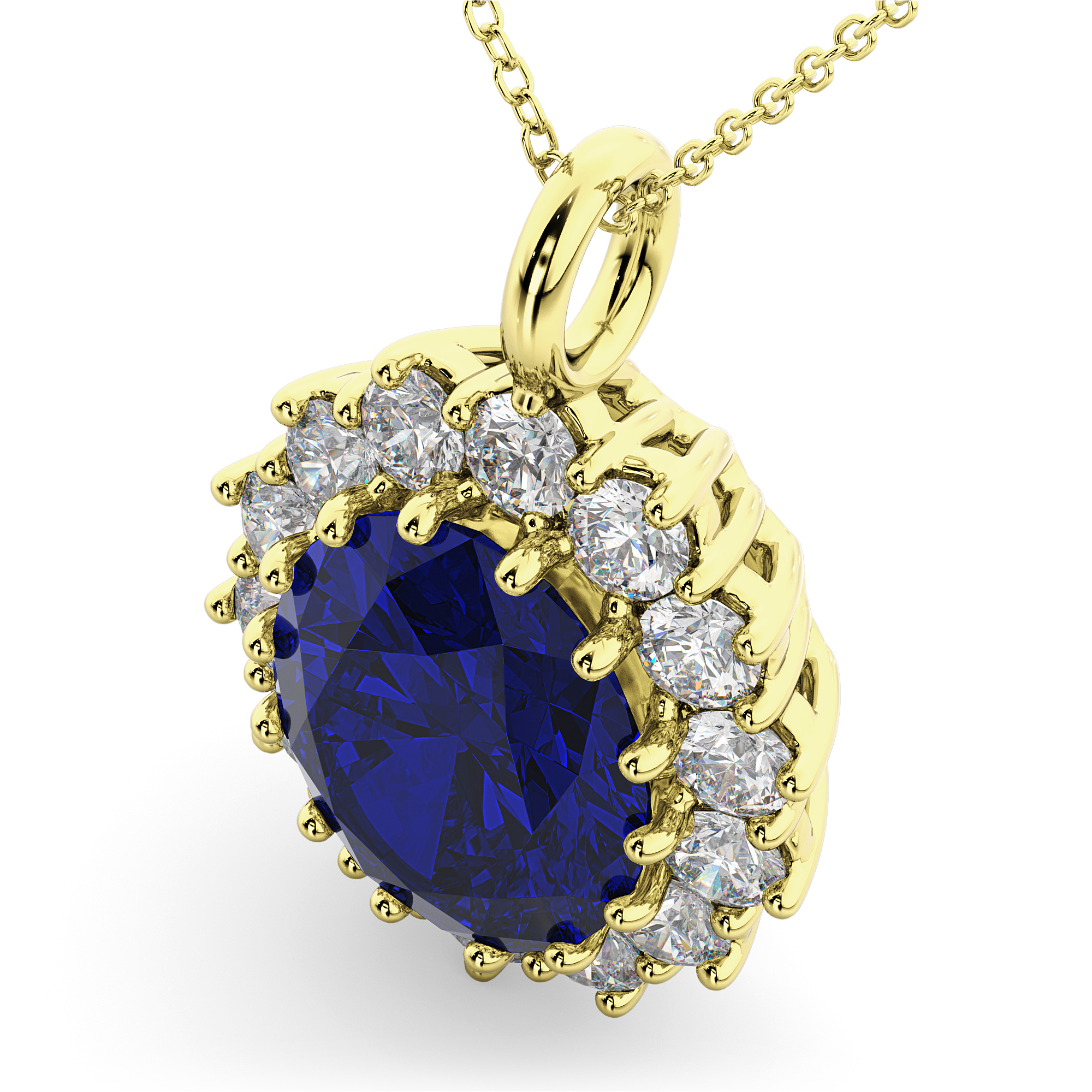 Oval Blue Sapphire & Diamond Halo Pendant Necklace 14k Yellow Gold (6.40ct)