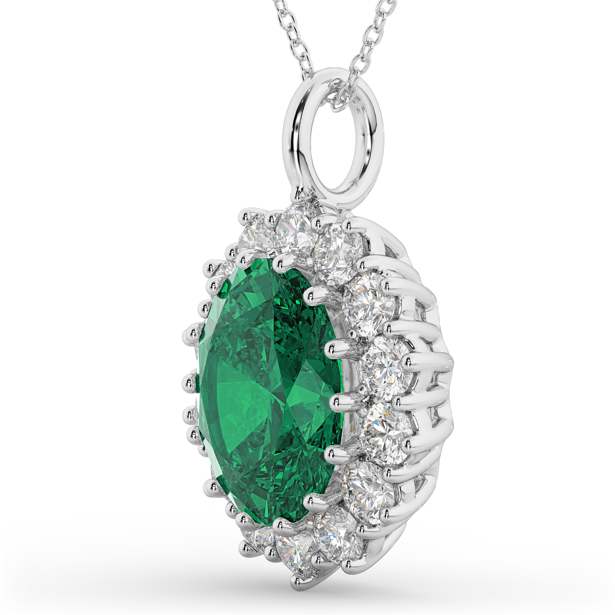 Oval Emerald & Diamond Halo Pendant Necklace 14k White Gold (6.40ct)
