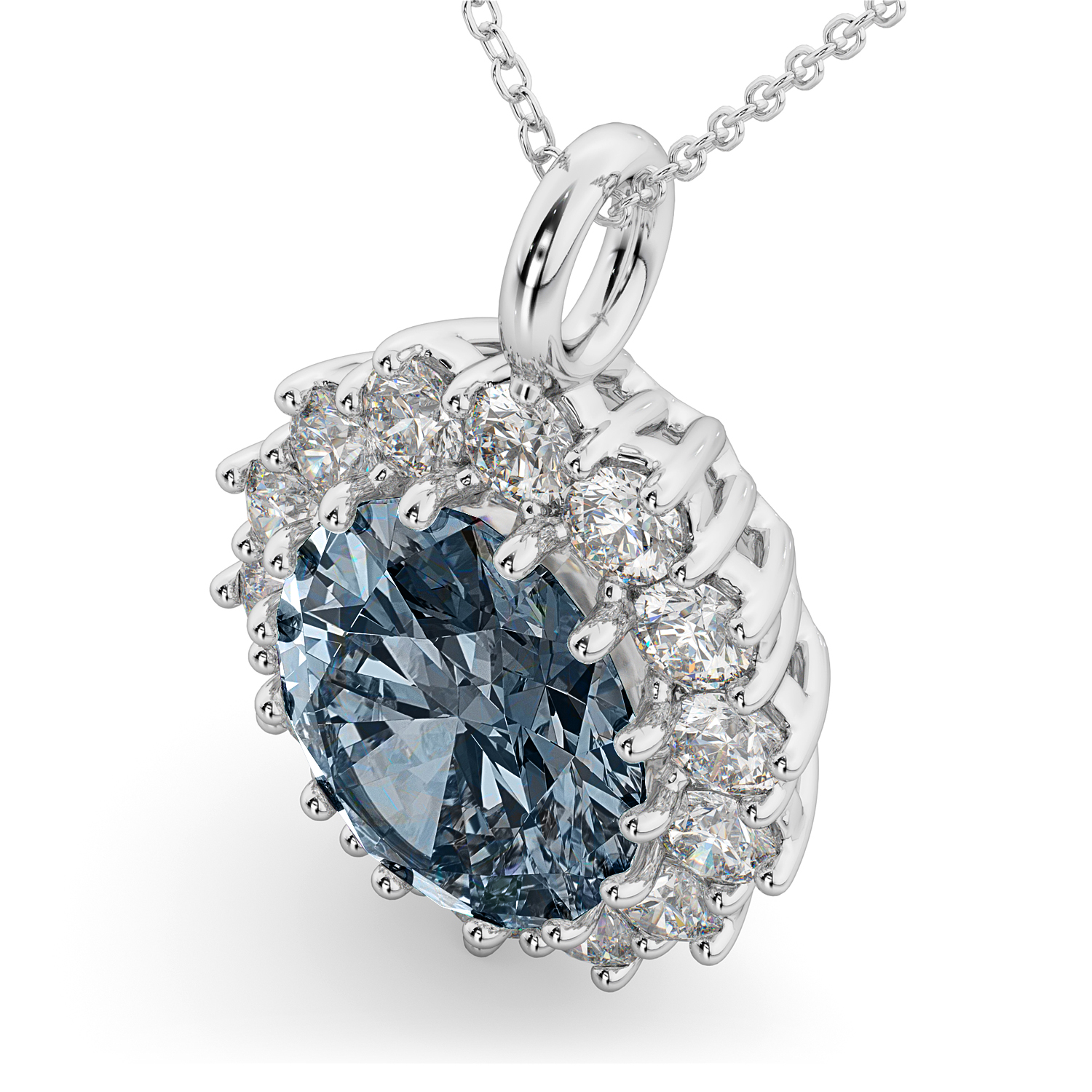 Oval Gray Spinel & Diamond Halo Pendant Necklace 14k White Gold (6.40ct)