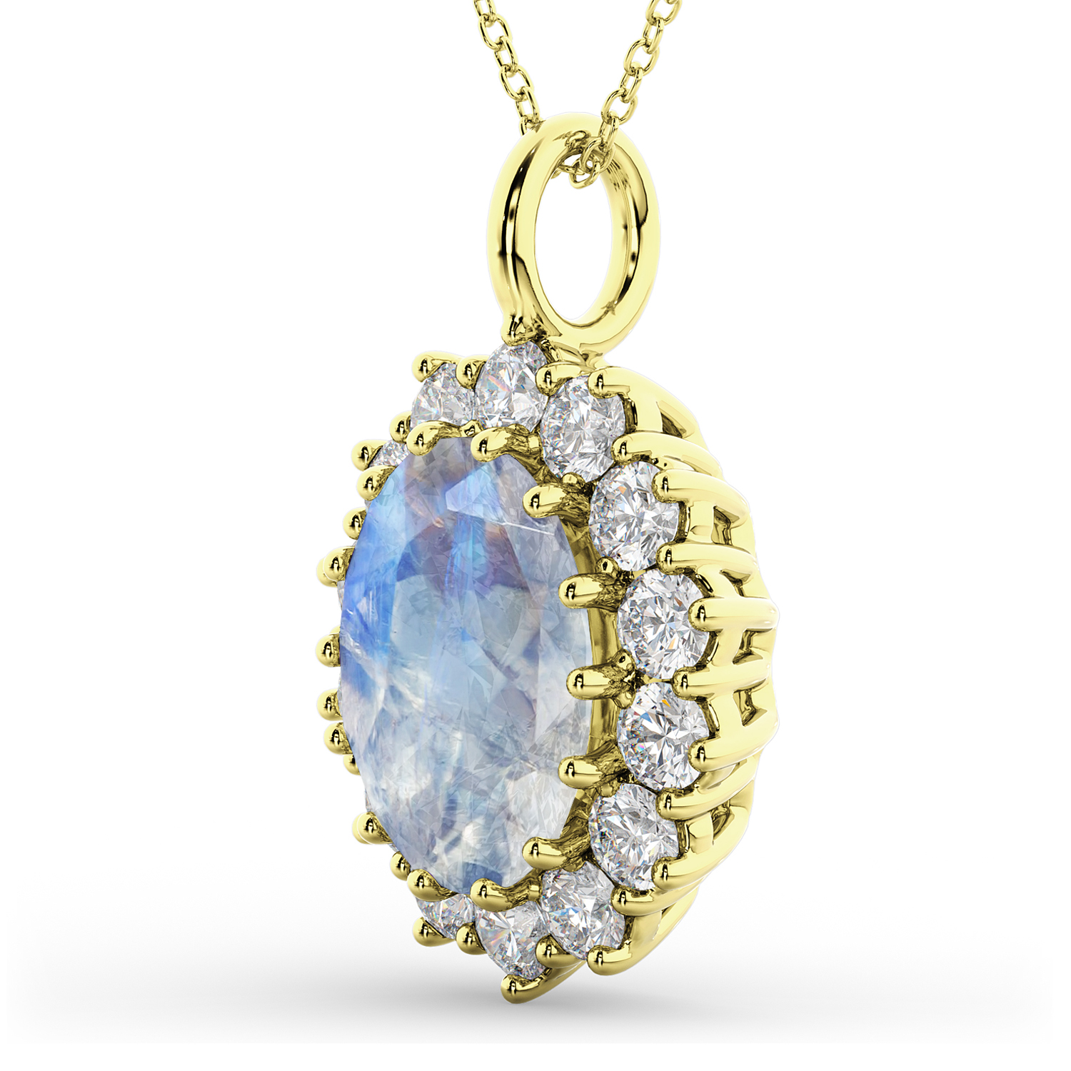 Oval Moonstone & Diamond Halo Pendant Necklace 14k Yellow Gold (6.40ct)