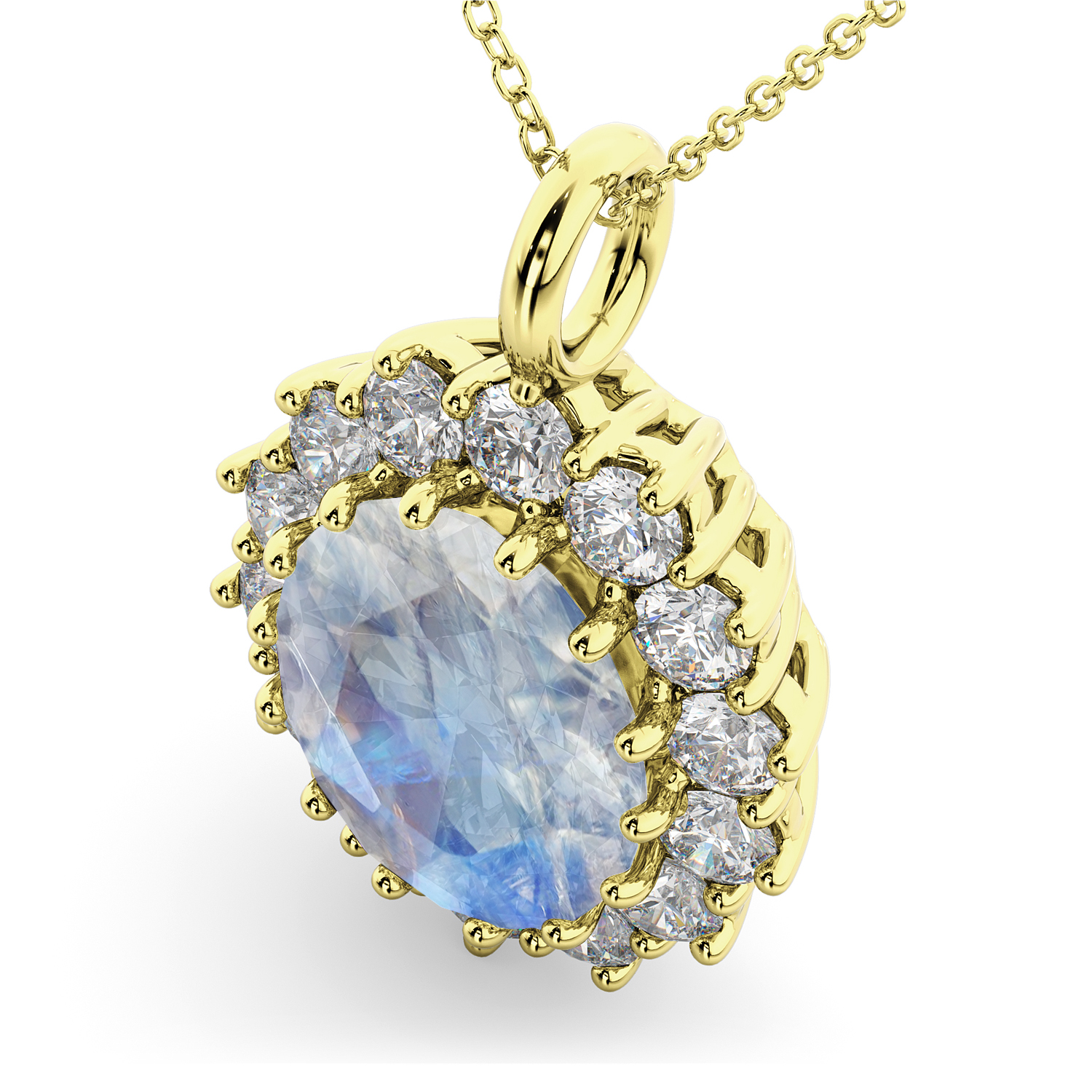 Oval Moonstone & Diamond Halo Pendant Necklace 14k Yellow Gold (6.40ct)