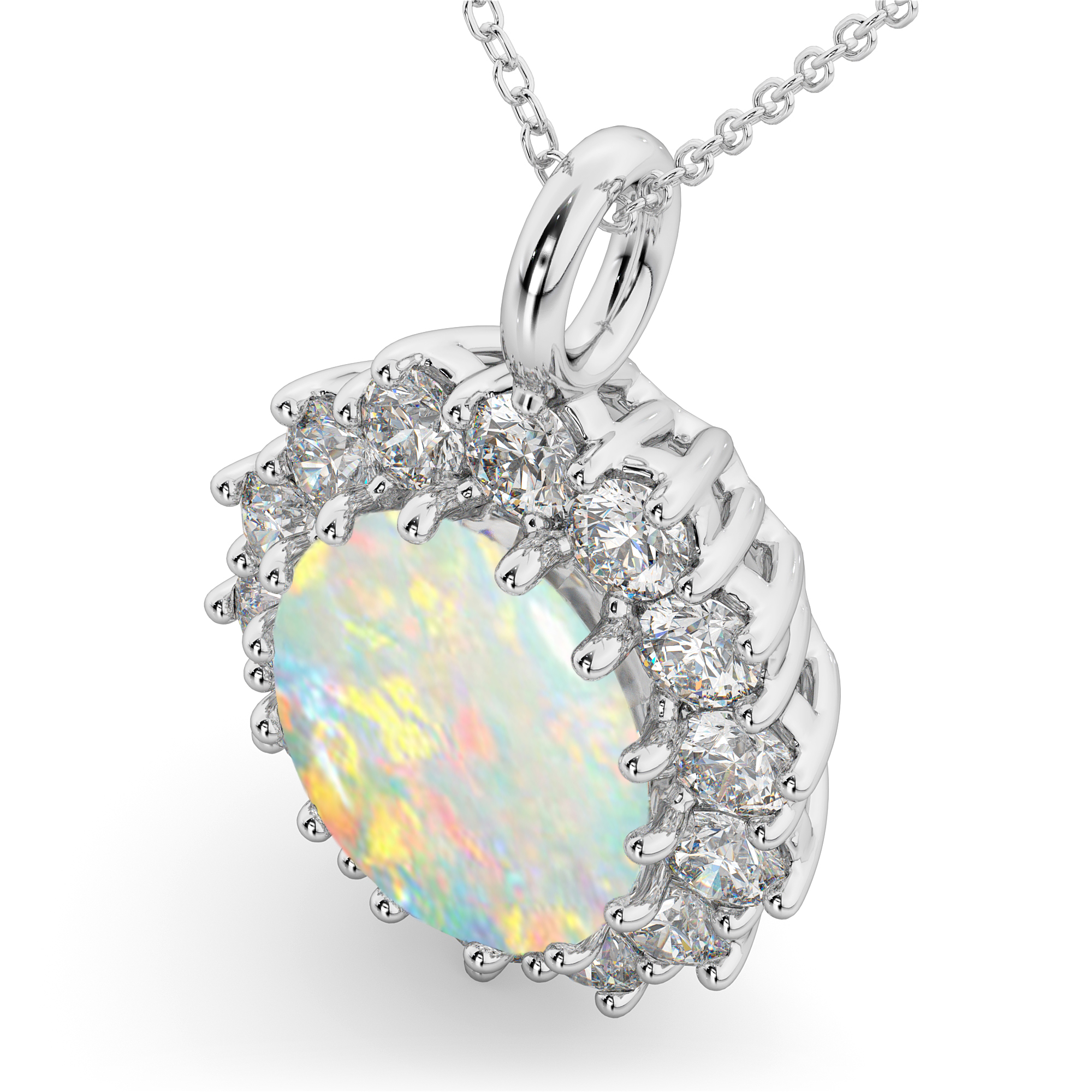 Oval Opal & Diamond Halo Pendant Necklace 14k White Gold (6.40ct)