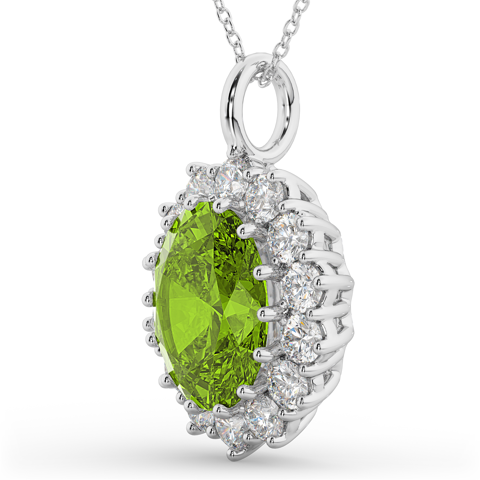 Oval Peridot & Diamond Halo Pendant Necklace 14k White Gold 6.40ct AD1558