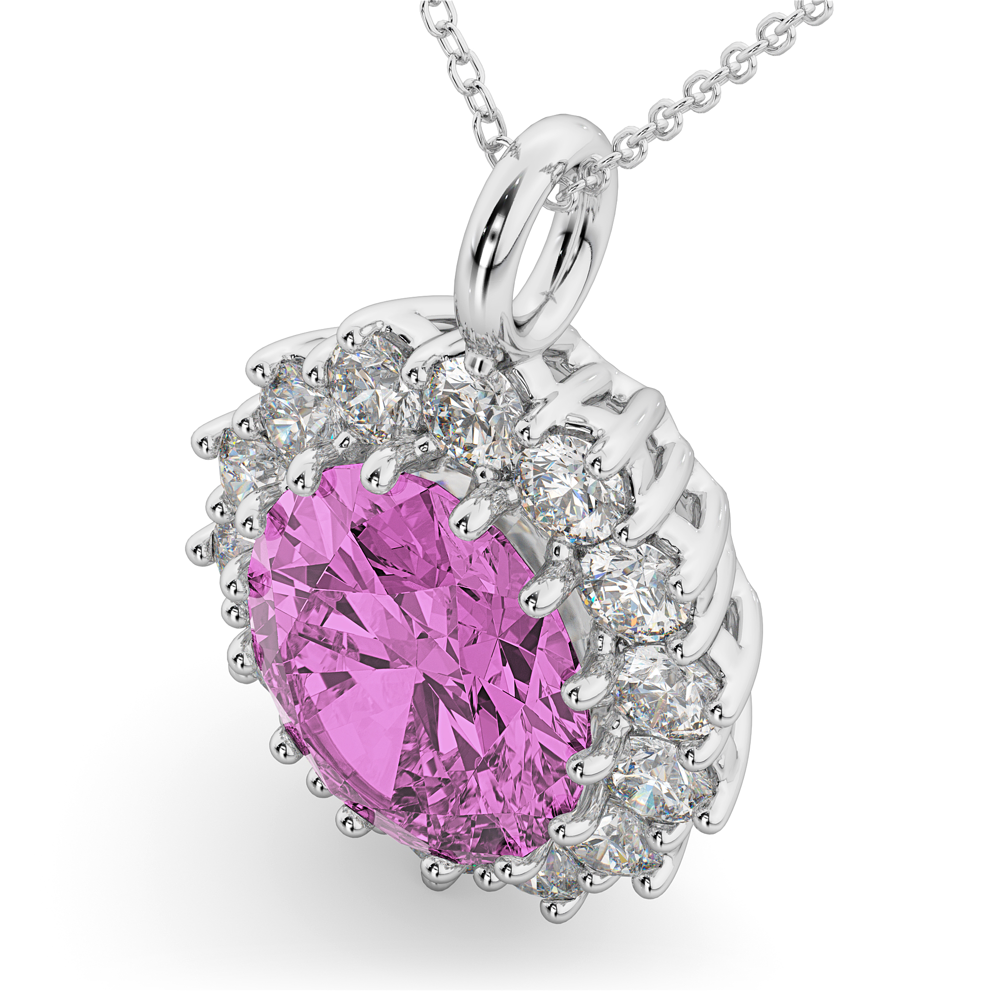 Oval Pink Sapphire & Diamond Halo Pendant Necklace 14k White Gold (6.40ct)
