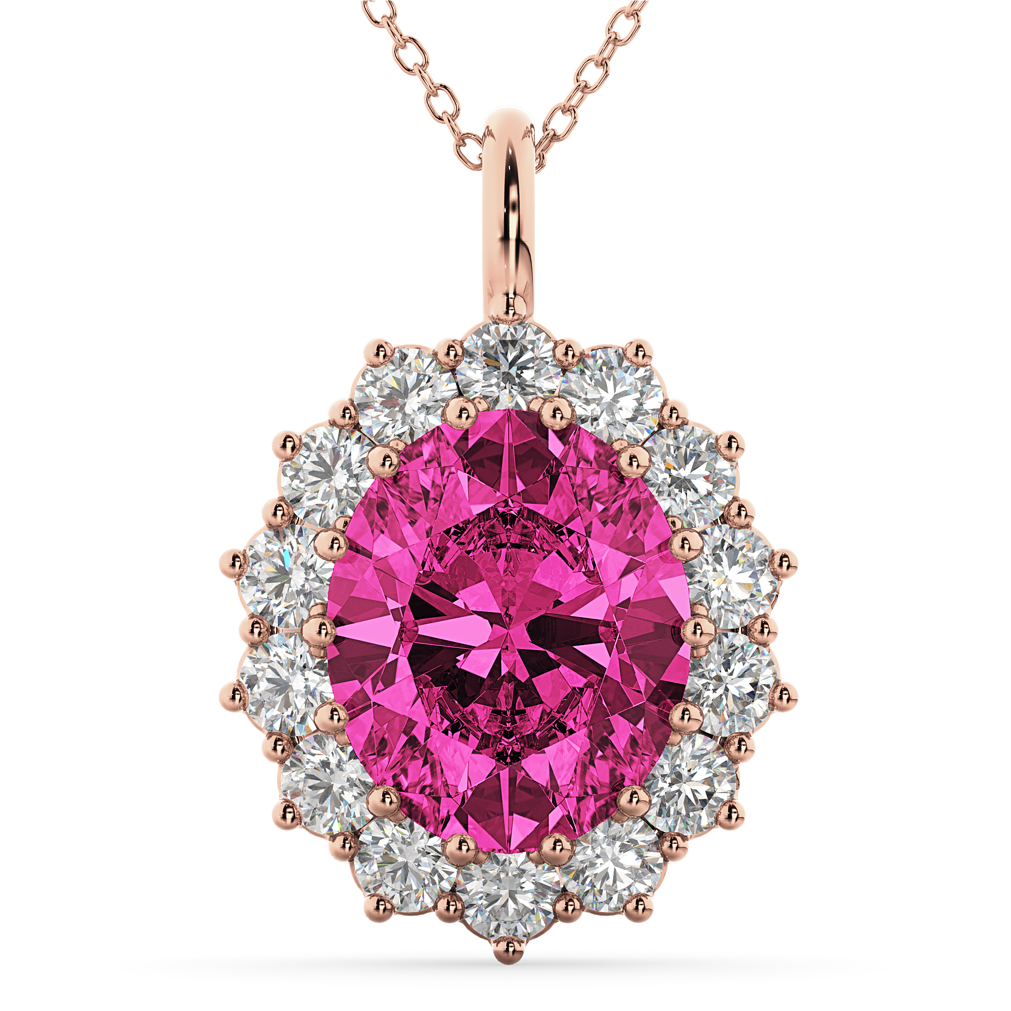 Oval Pink Tourmaline & Diamond Halo Pendant Necklace 14k Rose Gold (6.40ct)