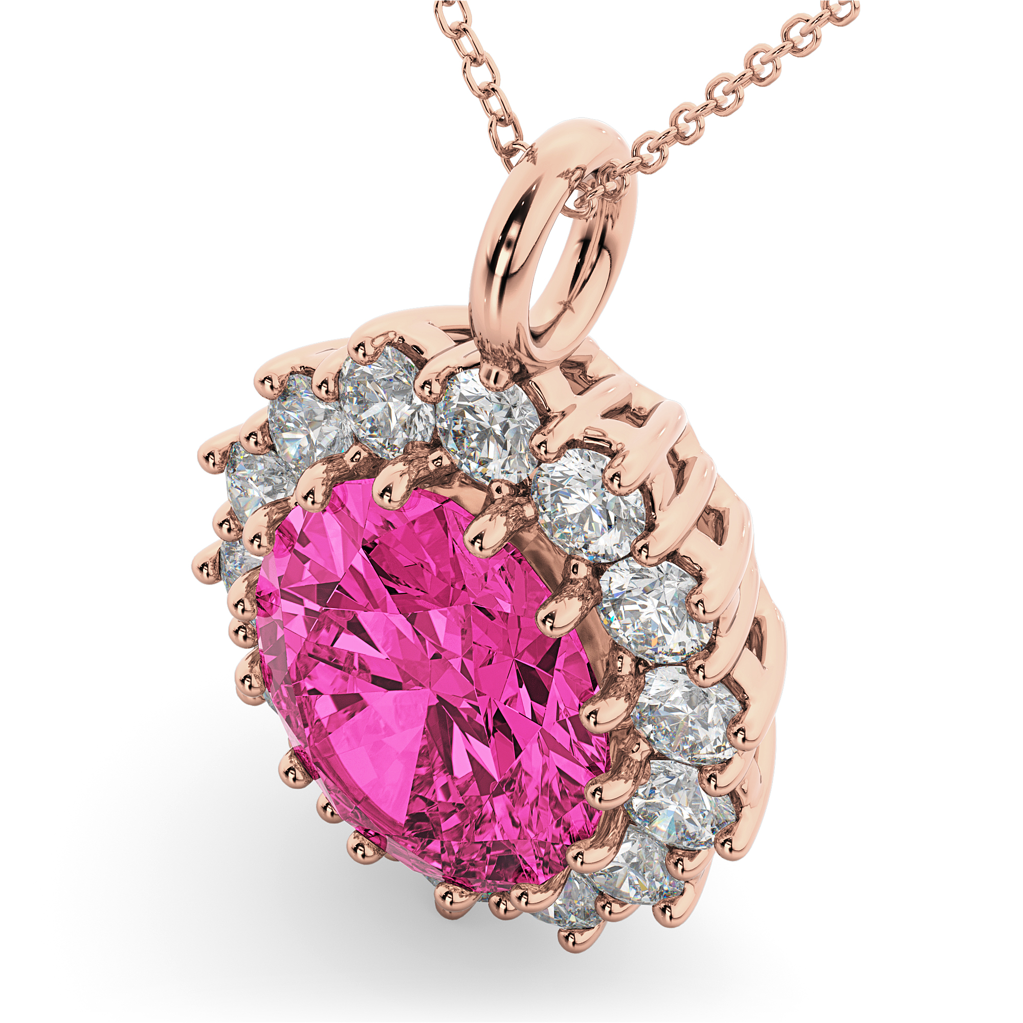 Oval Pink Tourmaline & Diamond Halo Pendant Necklace 14k Rose Gold (6.40ct)