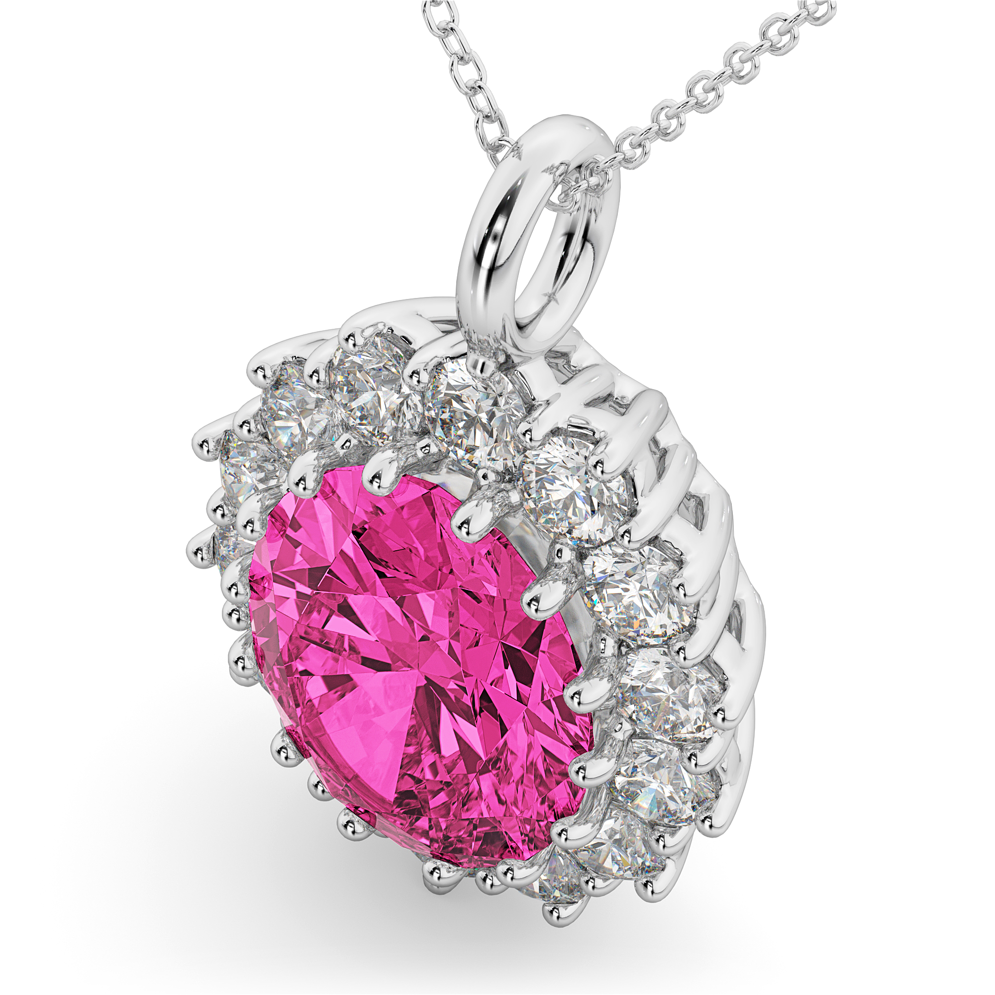 Oval Pink Tourmaline & Diamond Halo Pendant Necklace 14k White Gold (6.40ct)
