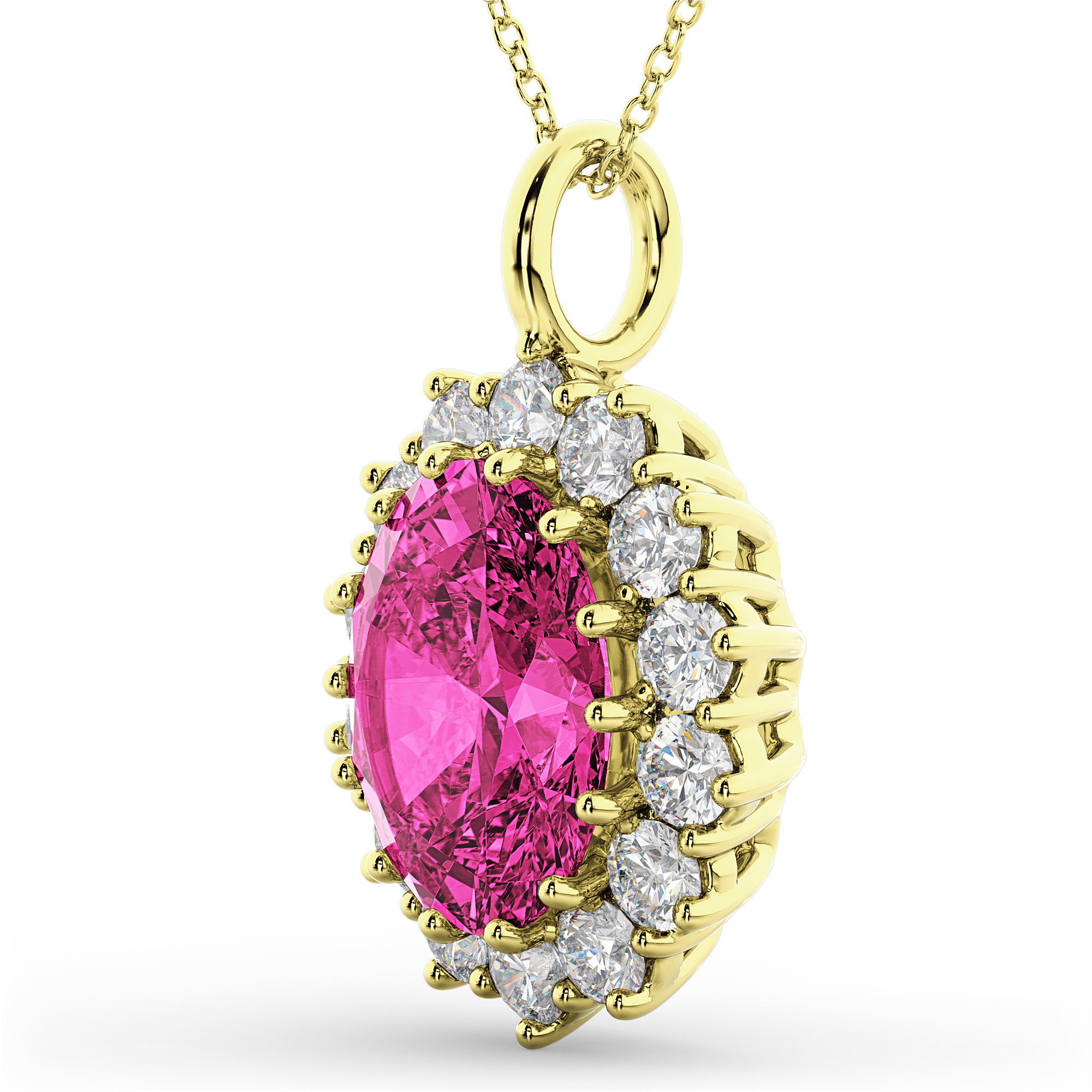 Oval Pink Tourmaline & Diamond Halo Pendant Necklace 14k Yellow Gold (6.40ct)