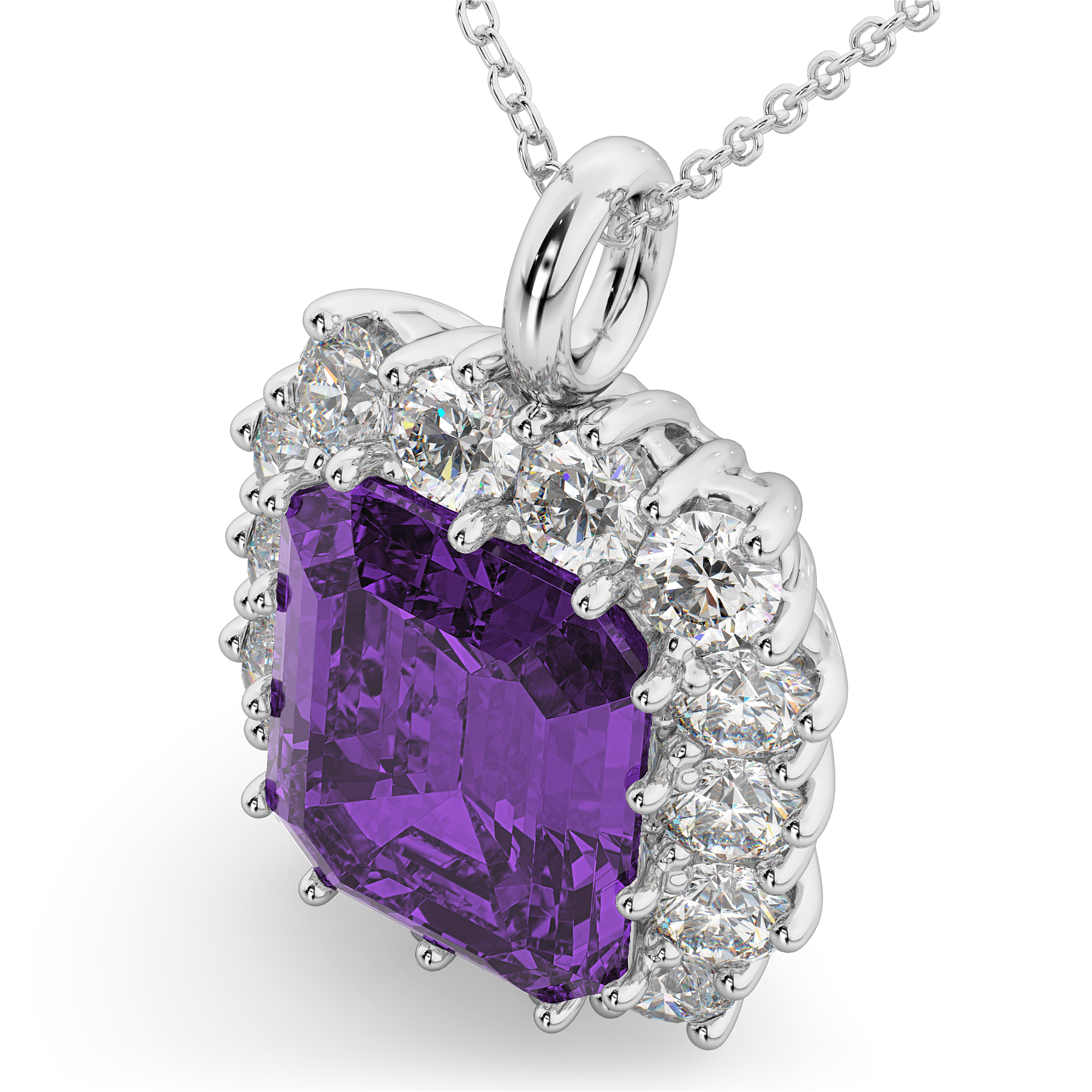 Emerald Cut Amethyst & Diamond Pendant 14k White Gold (5.68ct)