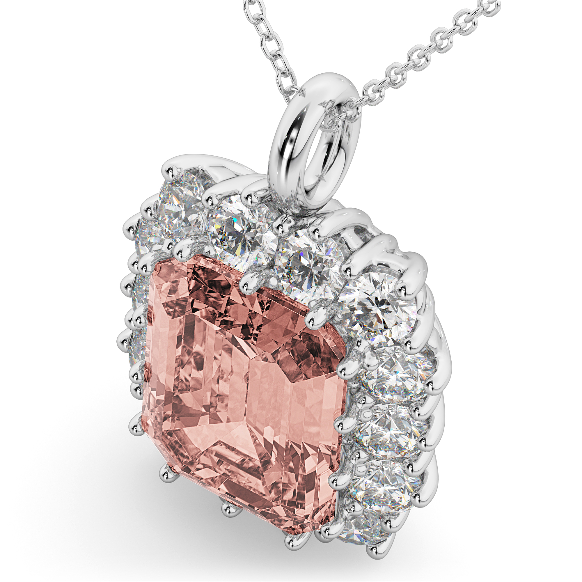 Emerald Cut Morganite & Diamond Pendant 14k White Gold (5.68ct)