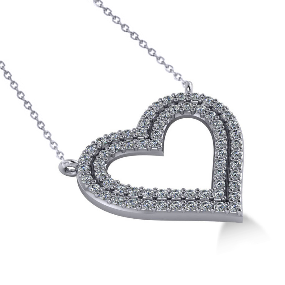 Double Row Open Heart Diamond Pendant Necklace 14k White Gold (0.66ct)