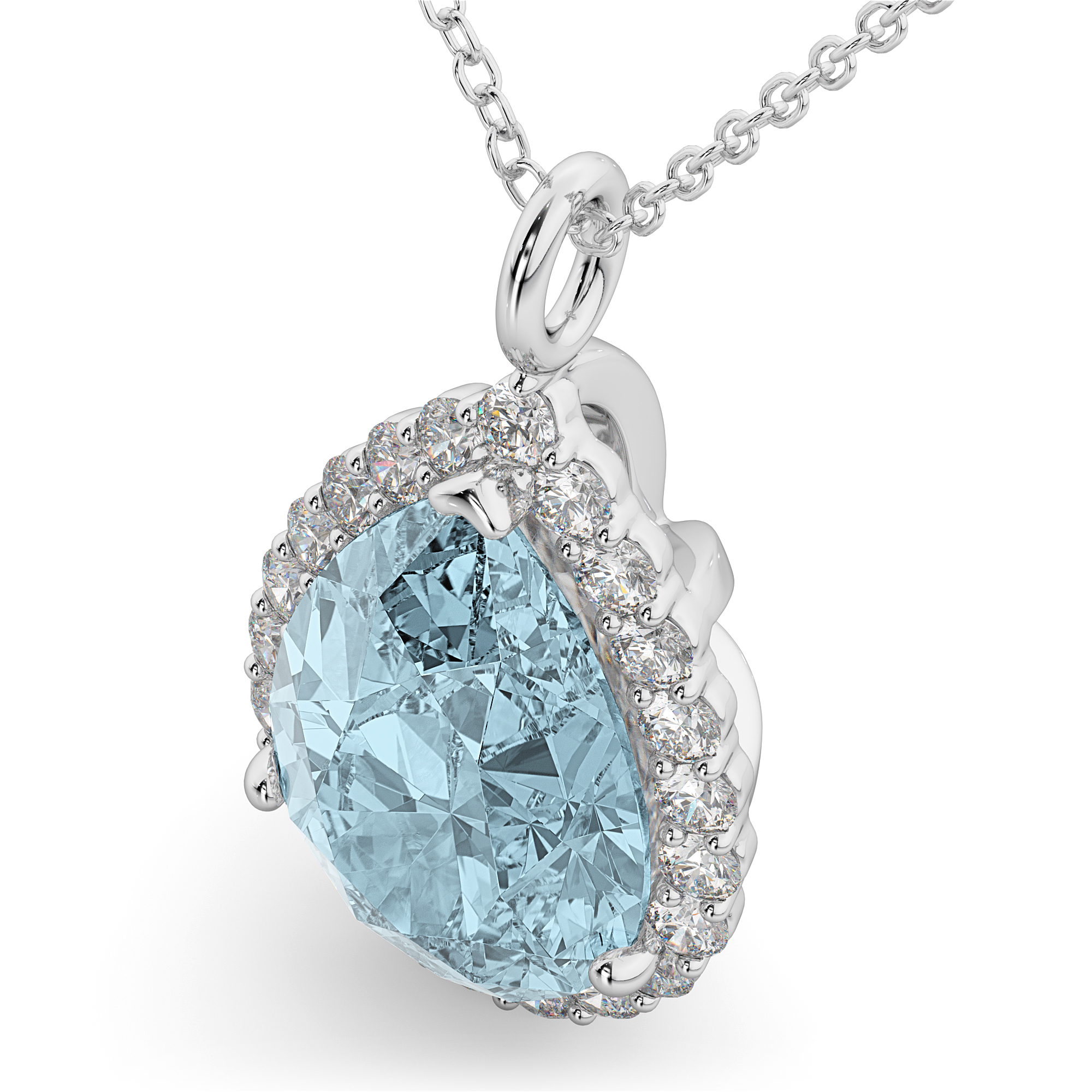 Halo Aquamarine & Diamond Pear Shaped Pendant Necklace 14k White Gold 6