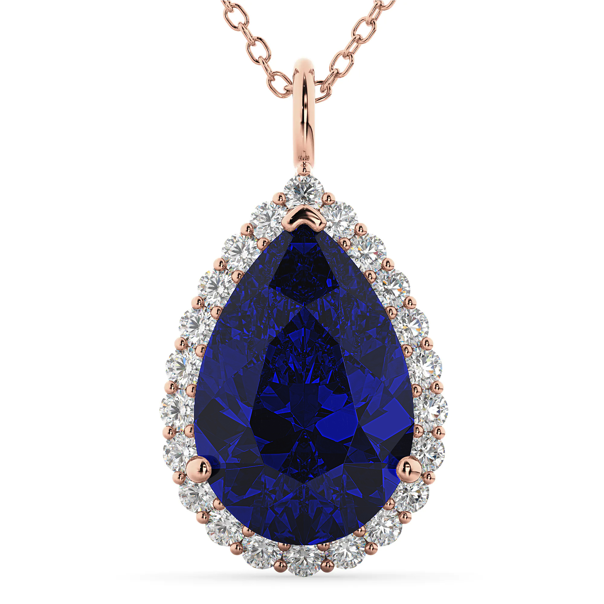 Halo Lab Blue Sapphire & Diamond Pear Shaped Pendant Necklace 14k Rose Gold (8.34ct)