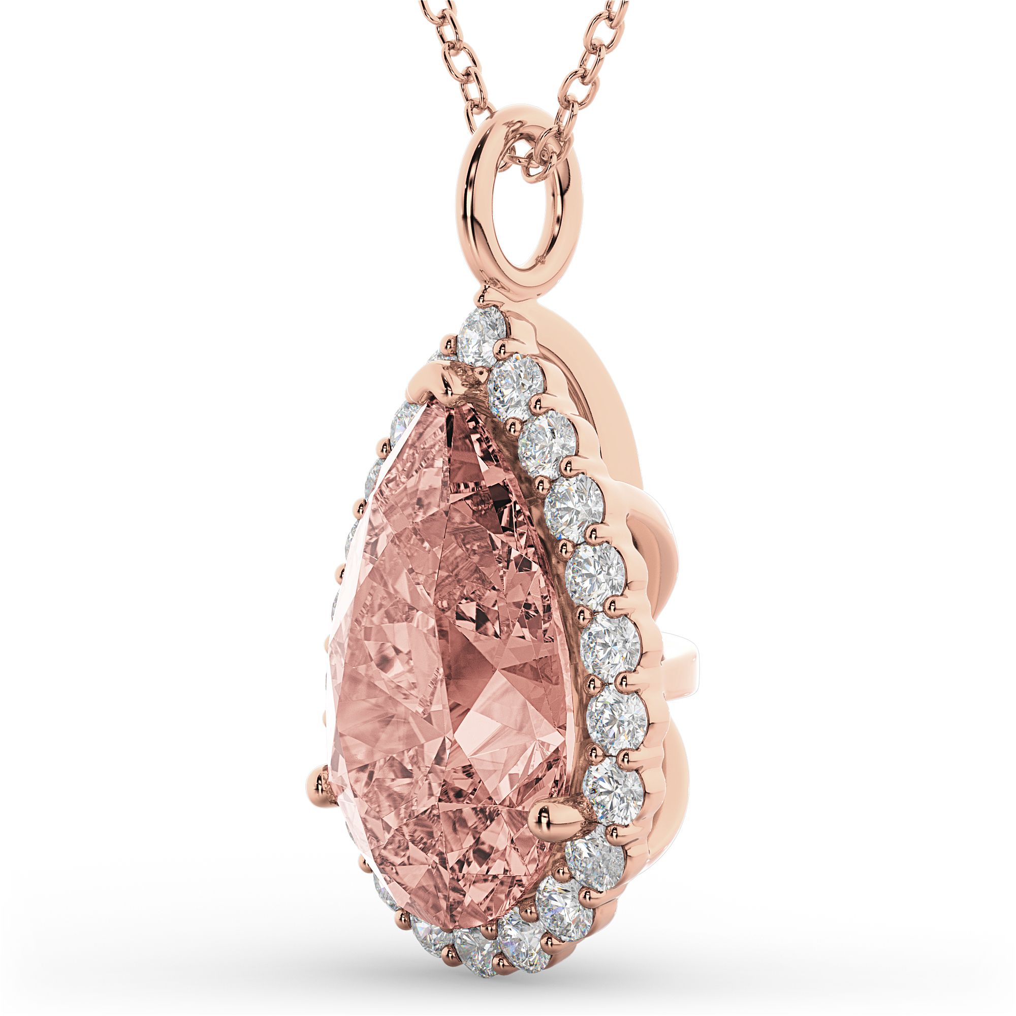 Halo Morganite & Diamond Pear Shaped Pendant Necklace 14k Rose Gold (4.04ct)