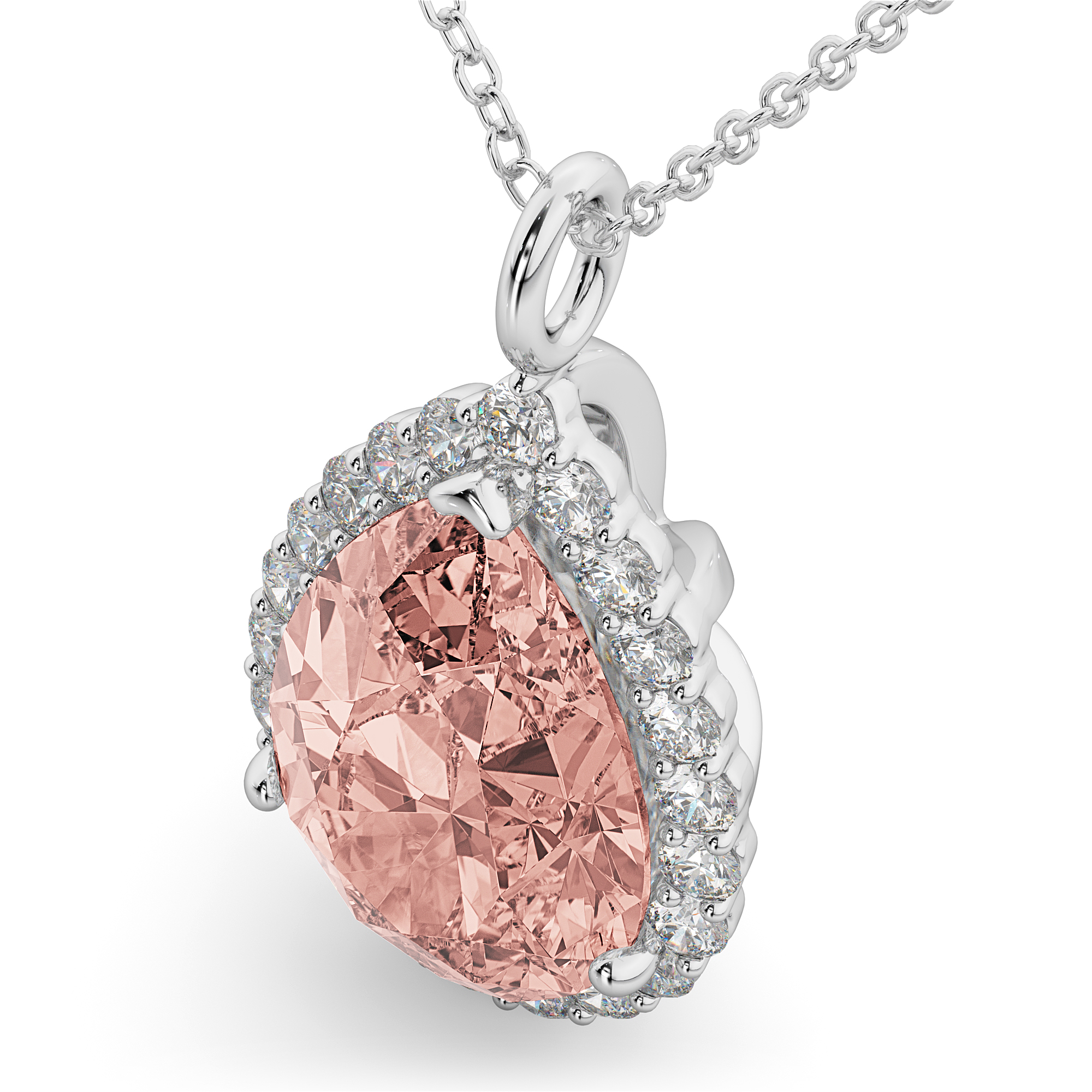 Halo Morganite & Diamond Pear Shaped Pendant Necklace 14k White Gold (4.04ct)