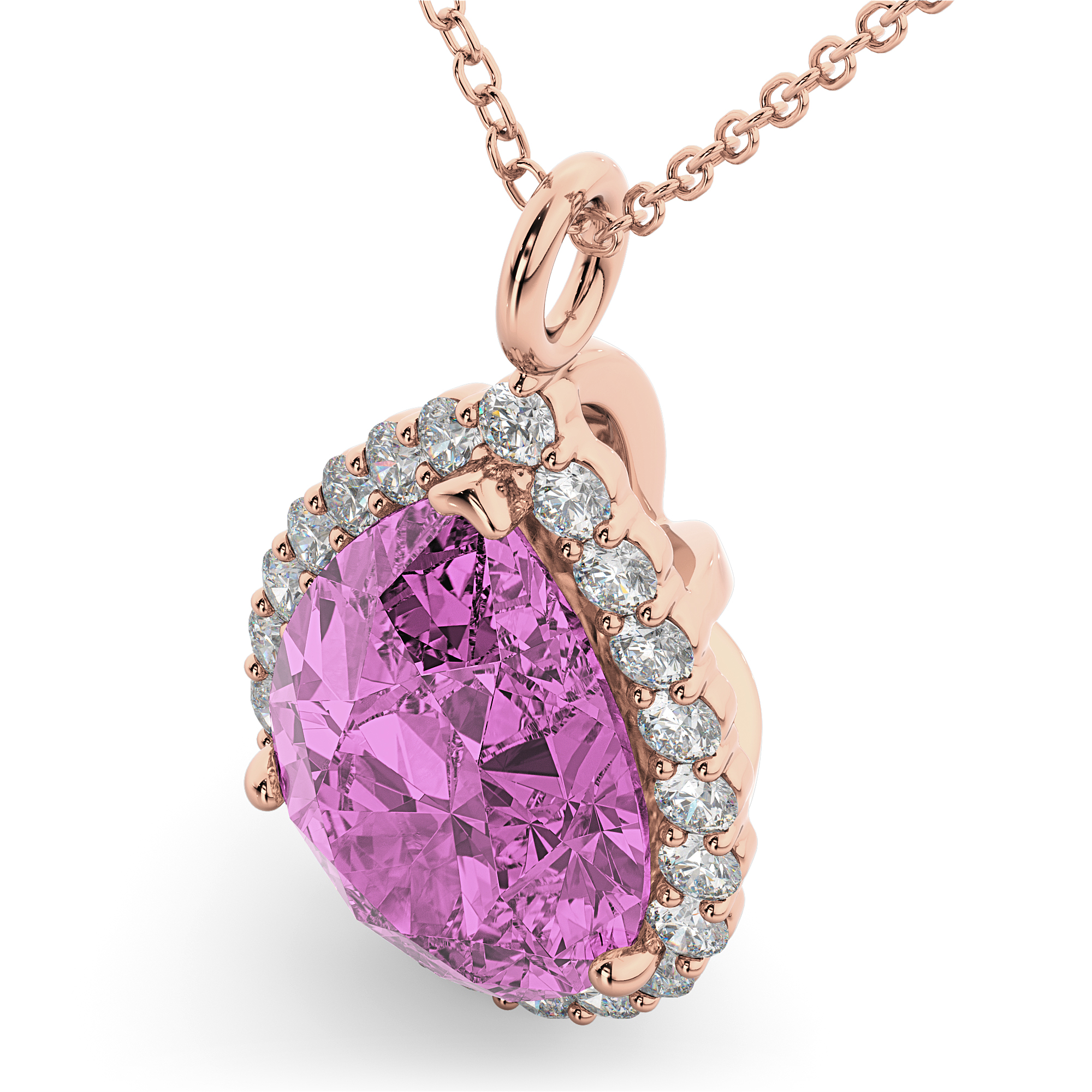 Halo Pink Sapphire & Diamond Pear Shaped Pendant Necklace 14k Rose Gold (8.34ct)