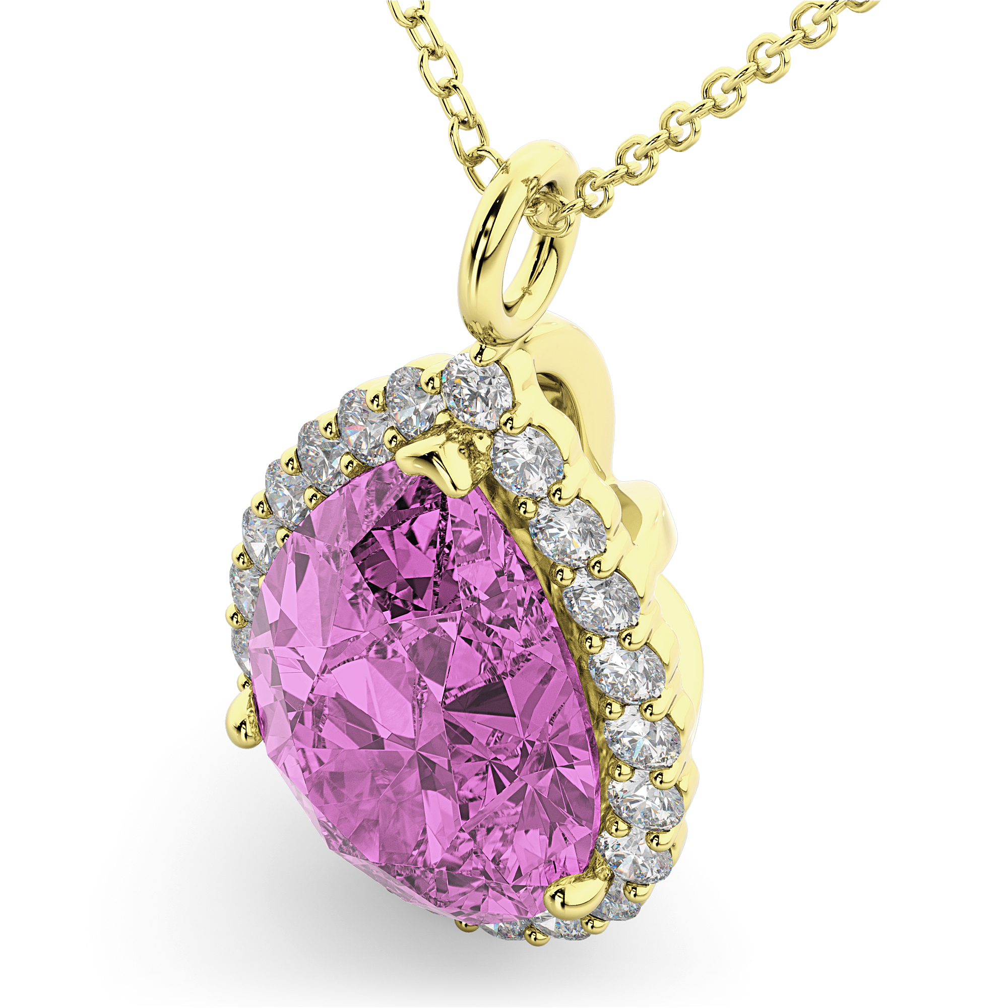 Halo Pink Sapphire & Diamond Pear Shaped Pendant Necklace 14k Yellow Gold (8.34ct)