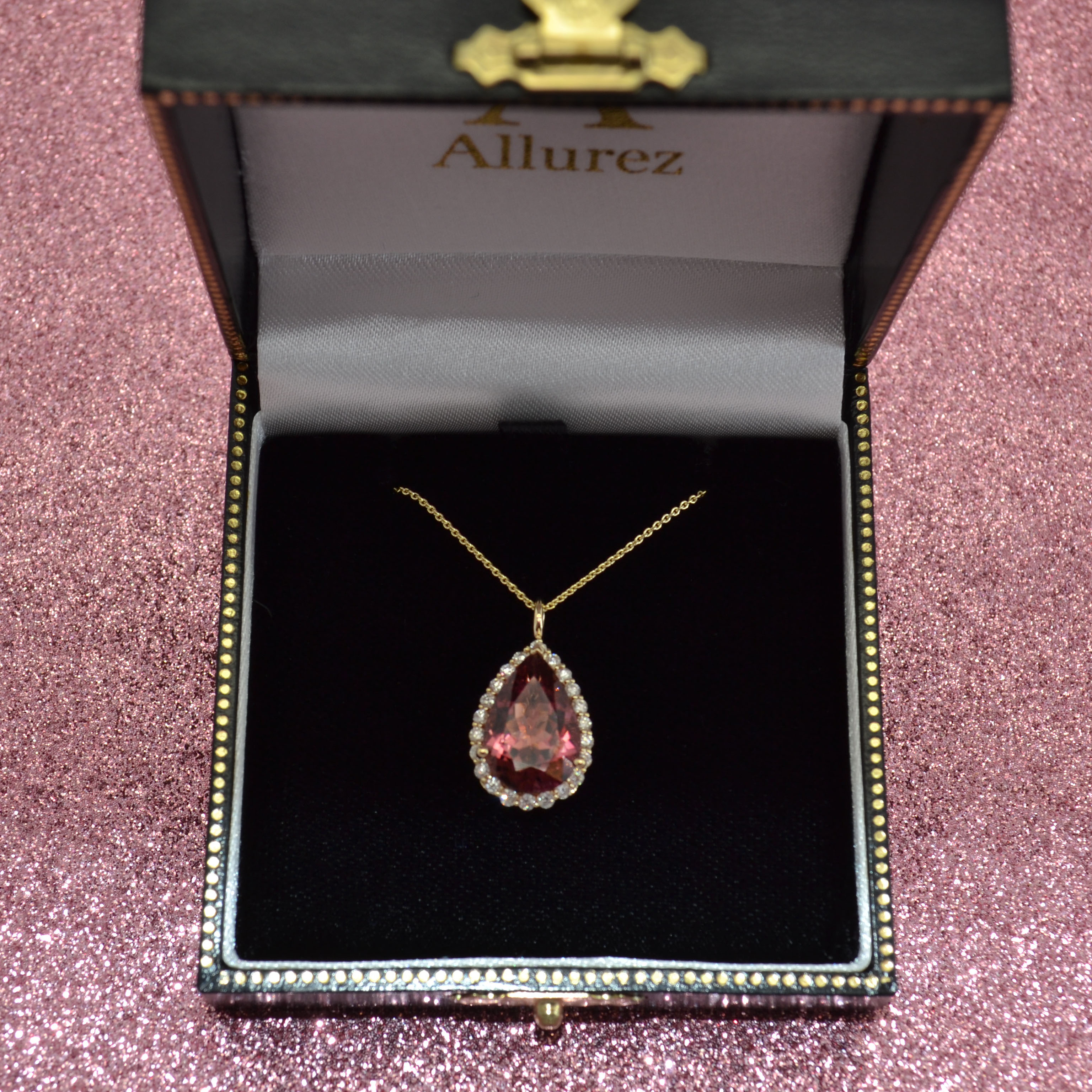 Halo Pink Tourmaline & Diamond Pear Shaped Pendant Necklace 14k Yellow Gold (7.19ct)