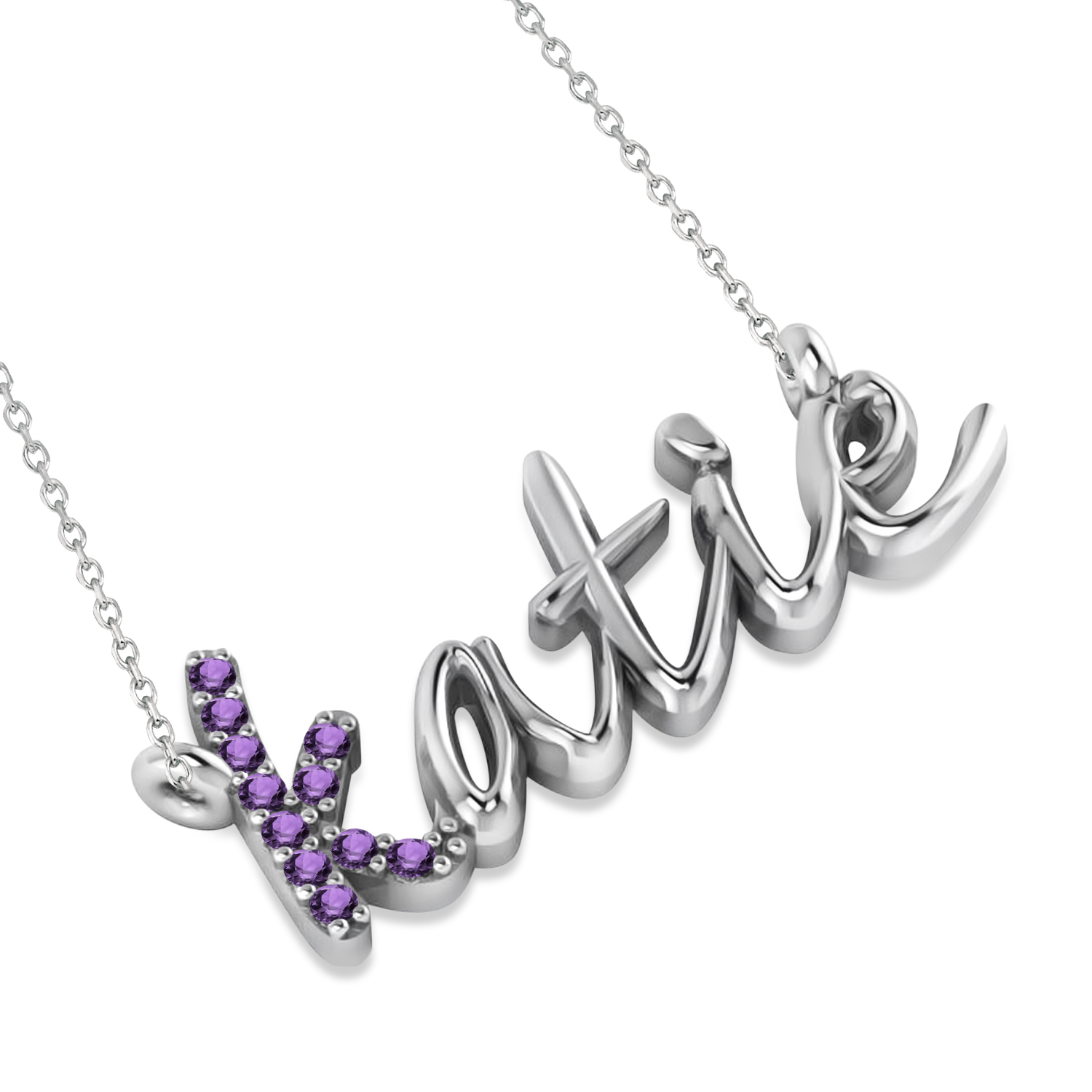Personalized Amethyst Nameplate Pendant Necklace 14k White Gold