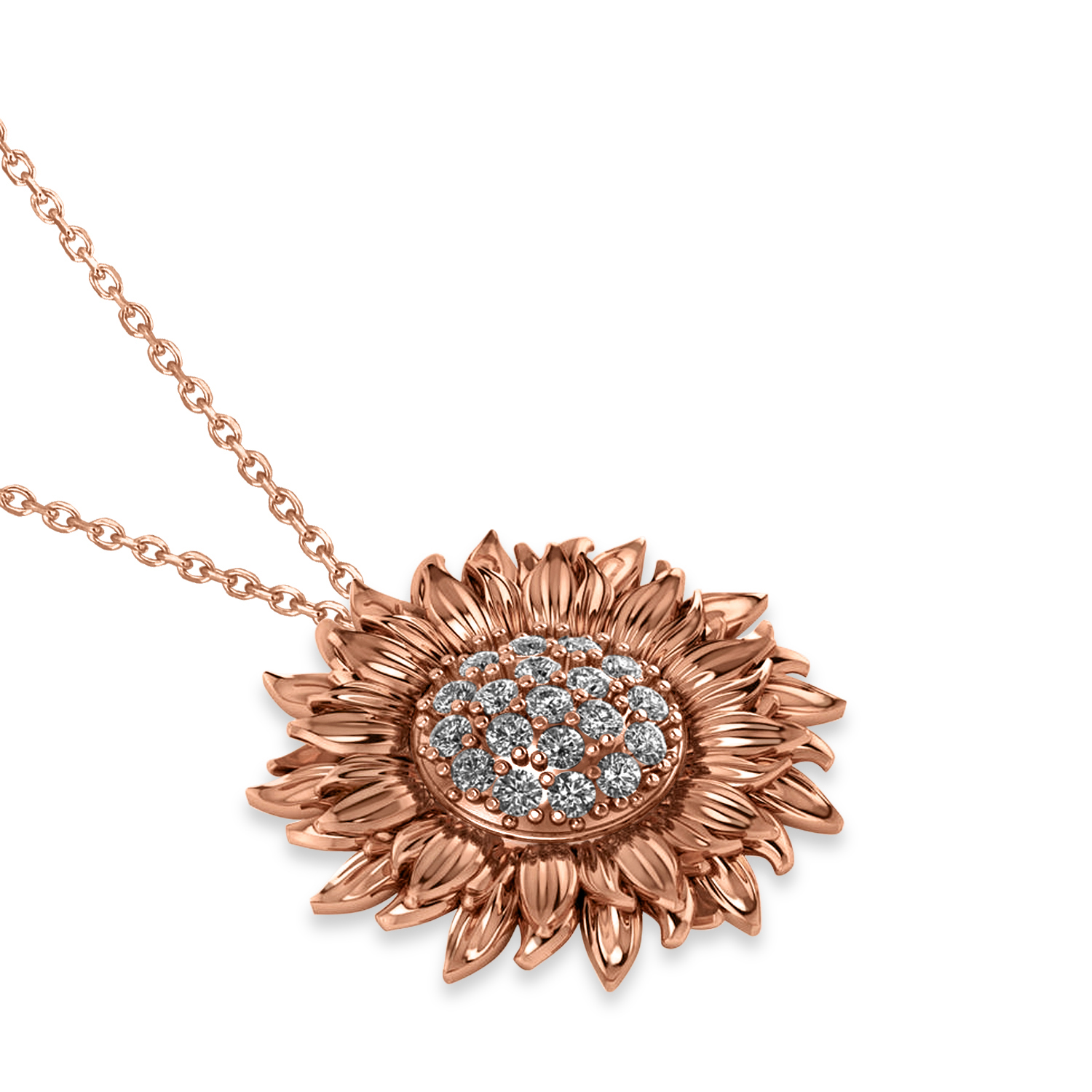 Large Sunflower Diamond Pendant Necklace 14k Rose Gold (0.38ct)
