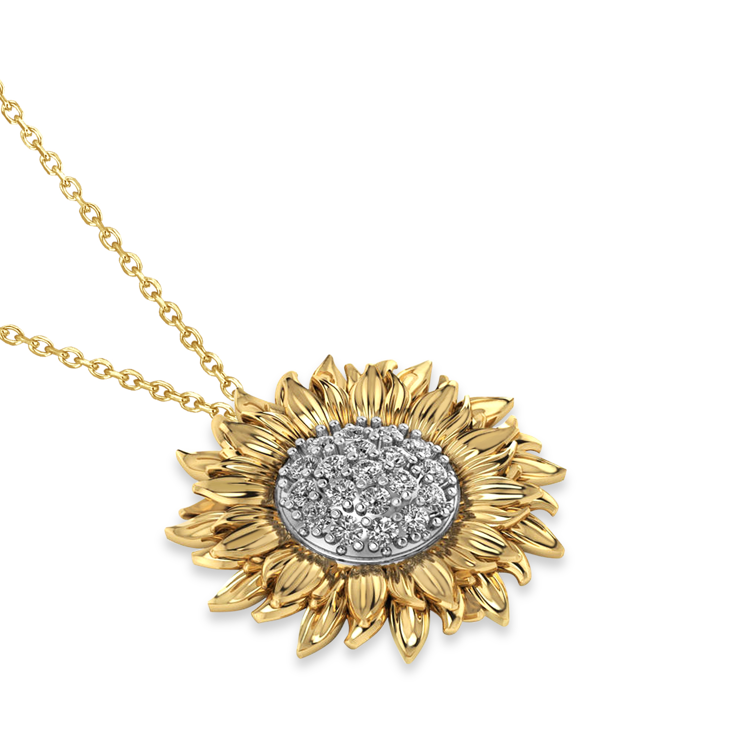 Large Sunflower Diamond Pendant Necklace 14k Two-Tone Gold (0.38ct)