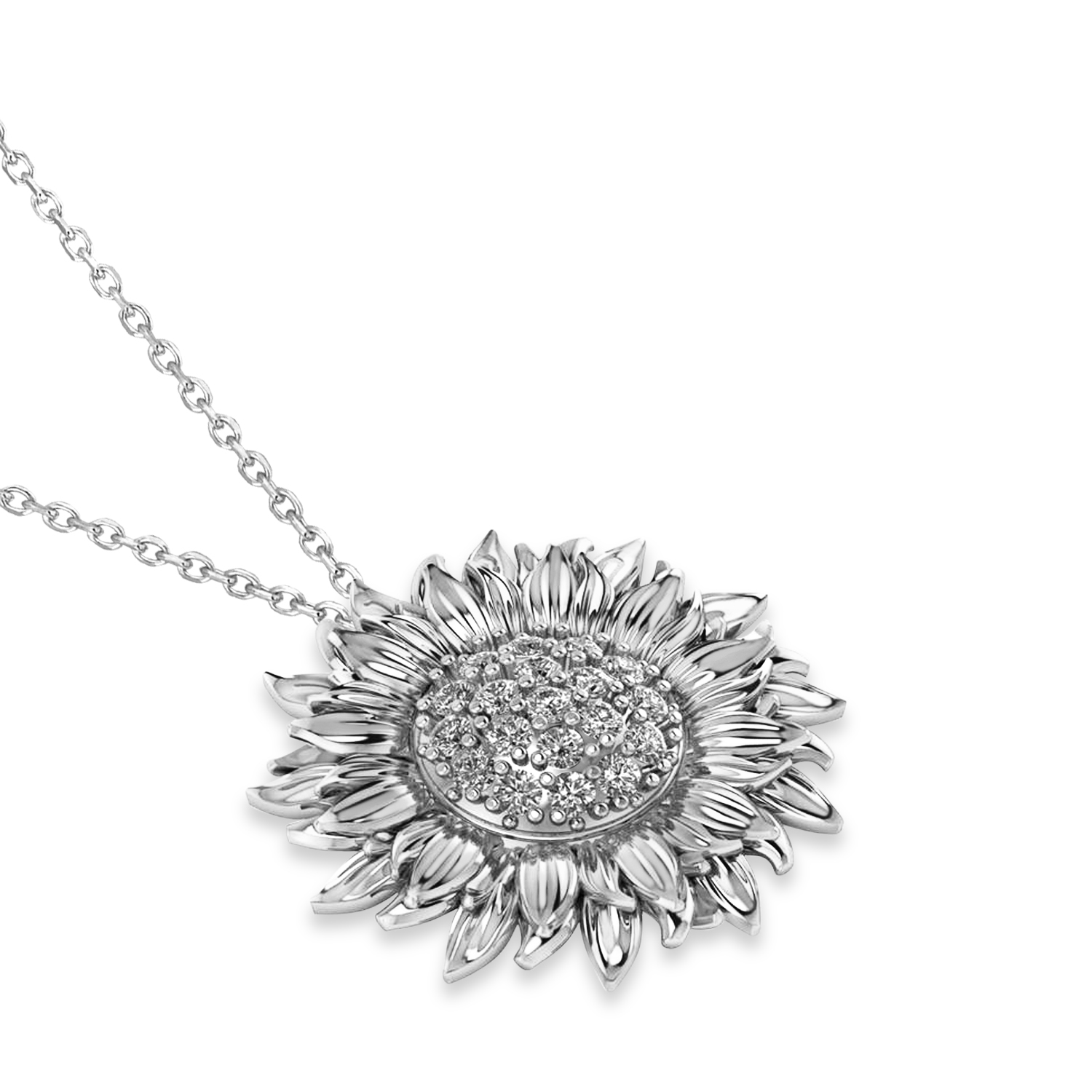 Large Sunflower Diamond Pendant Necklace 18k White Gold (0.38ct)