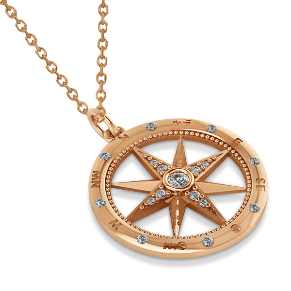 Compass Necklace Pendant Diamond Accented 14kRose Gold (0.19