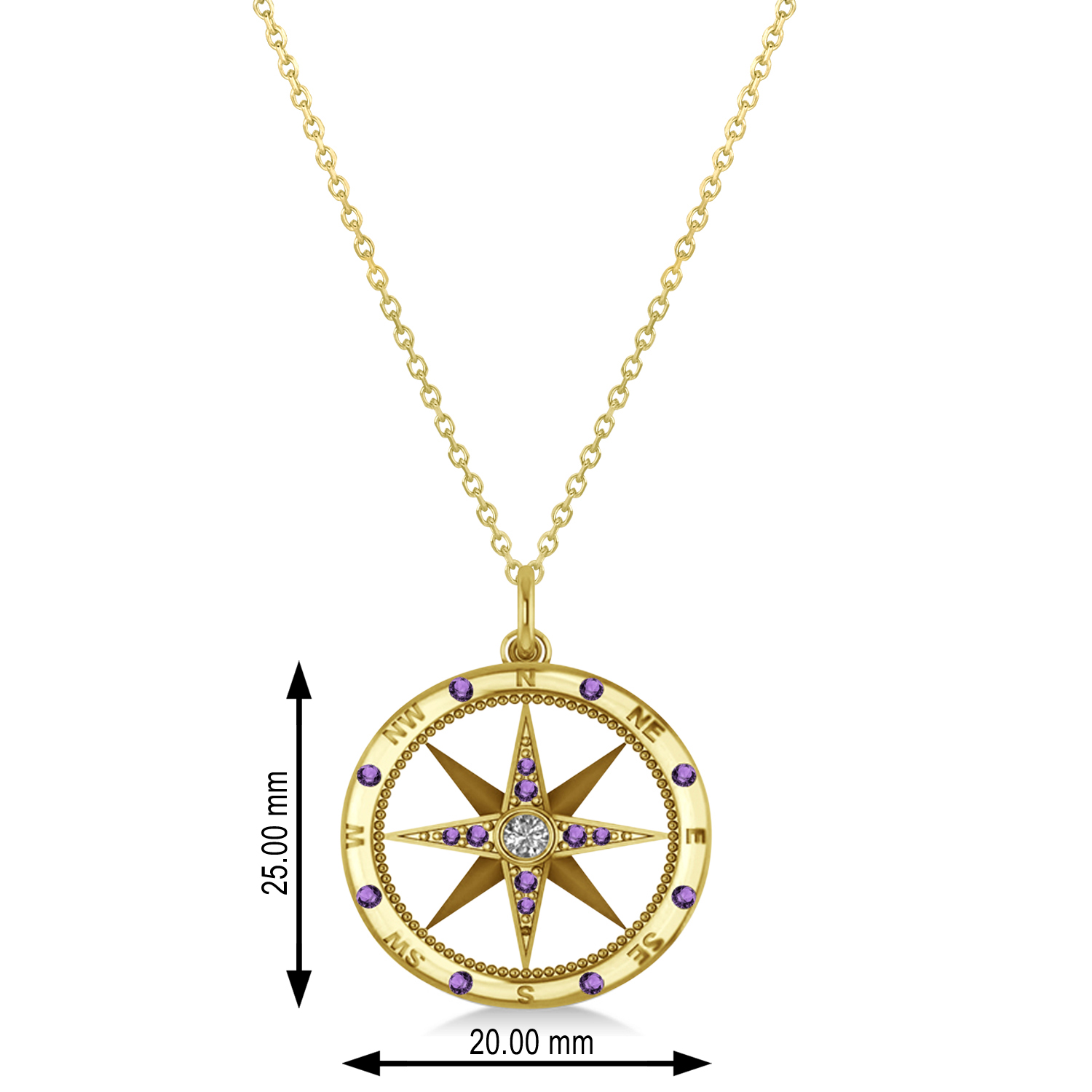 Compass Pendant Amethyst & Diamond Accented 14k Yellow Gold (0.19ct)