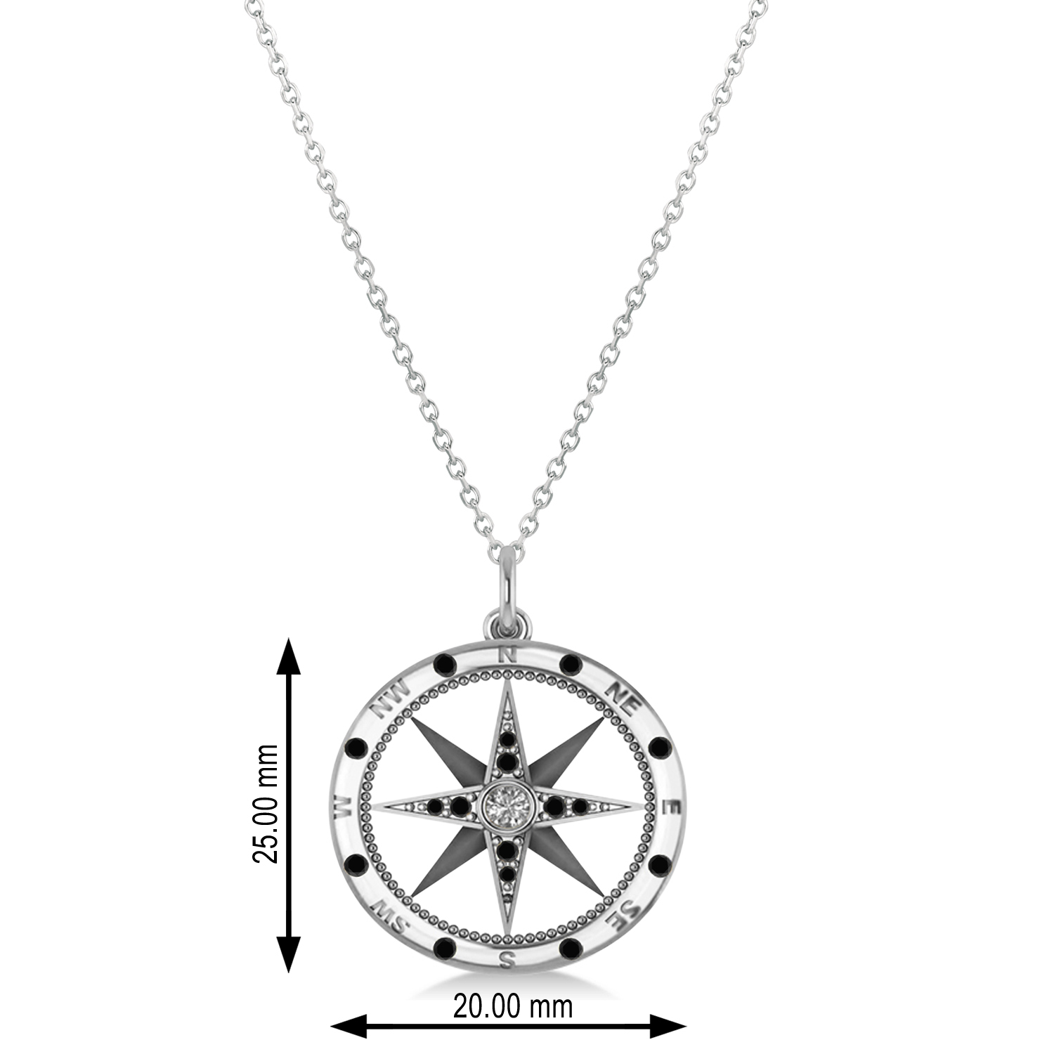 Compass Pendant Black & White Diamond Accented 14k White Gold (0.19ct)