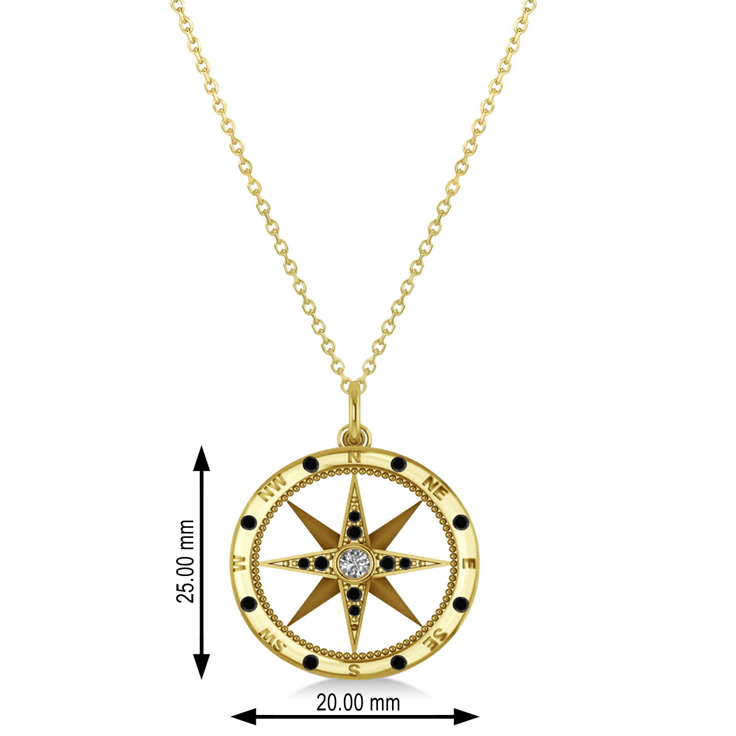 Compass Pendant Black & White Diamond Accented 14k Yellow Gold (0.19ct)