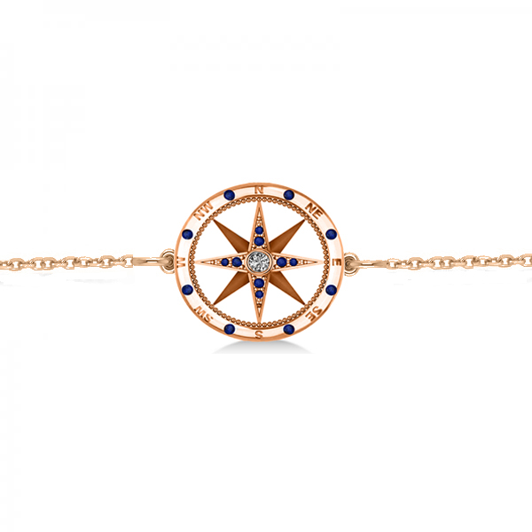 Blue Sapphire & Diamond Nautical Compass Bracelet 14k Rose Gold (0.19ct)