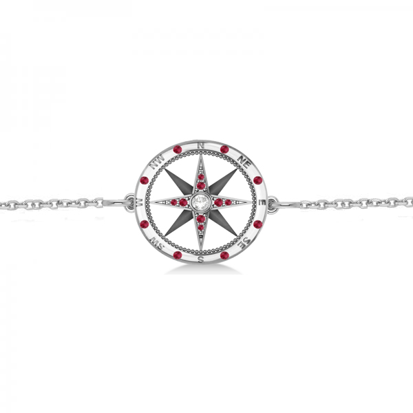 Ruby & Diamond Nautical Compass Bracelet 14k White Gold (0.19ct)