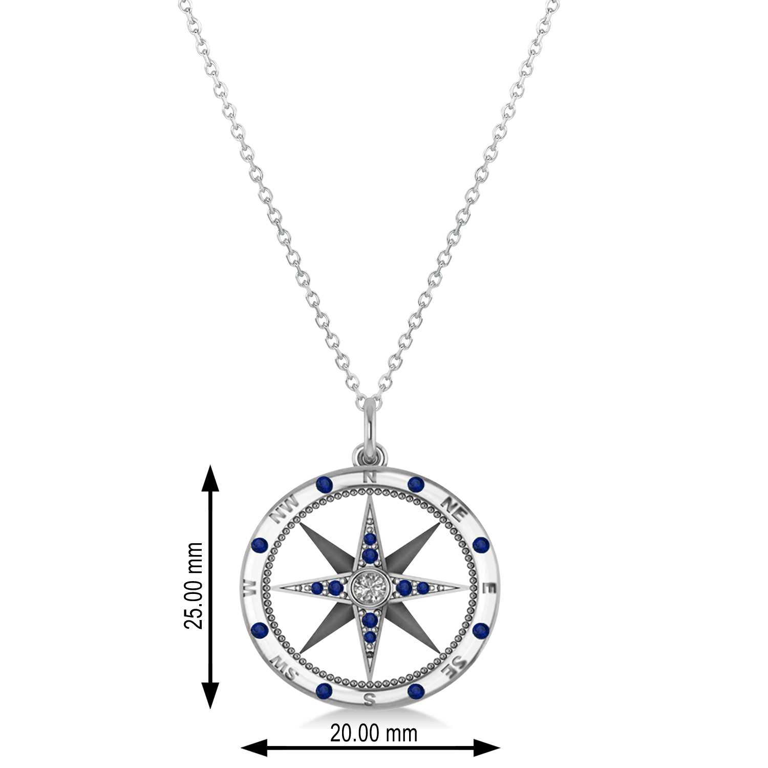 Compass Pendant Blue Sapphire & Diamond Accented 18k White Gold (0.19ct)