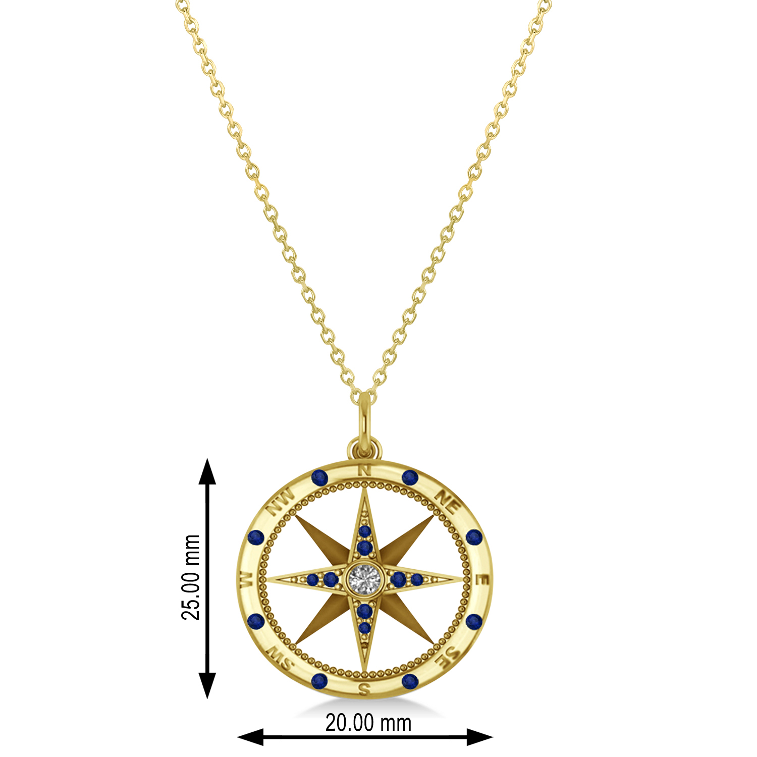 Compass Pendant Blue Sapphire & Diamond Accented 18k Yellow Gold (0.19ct)