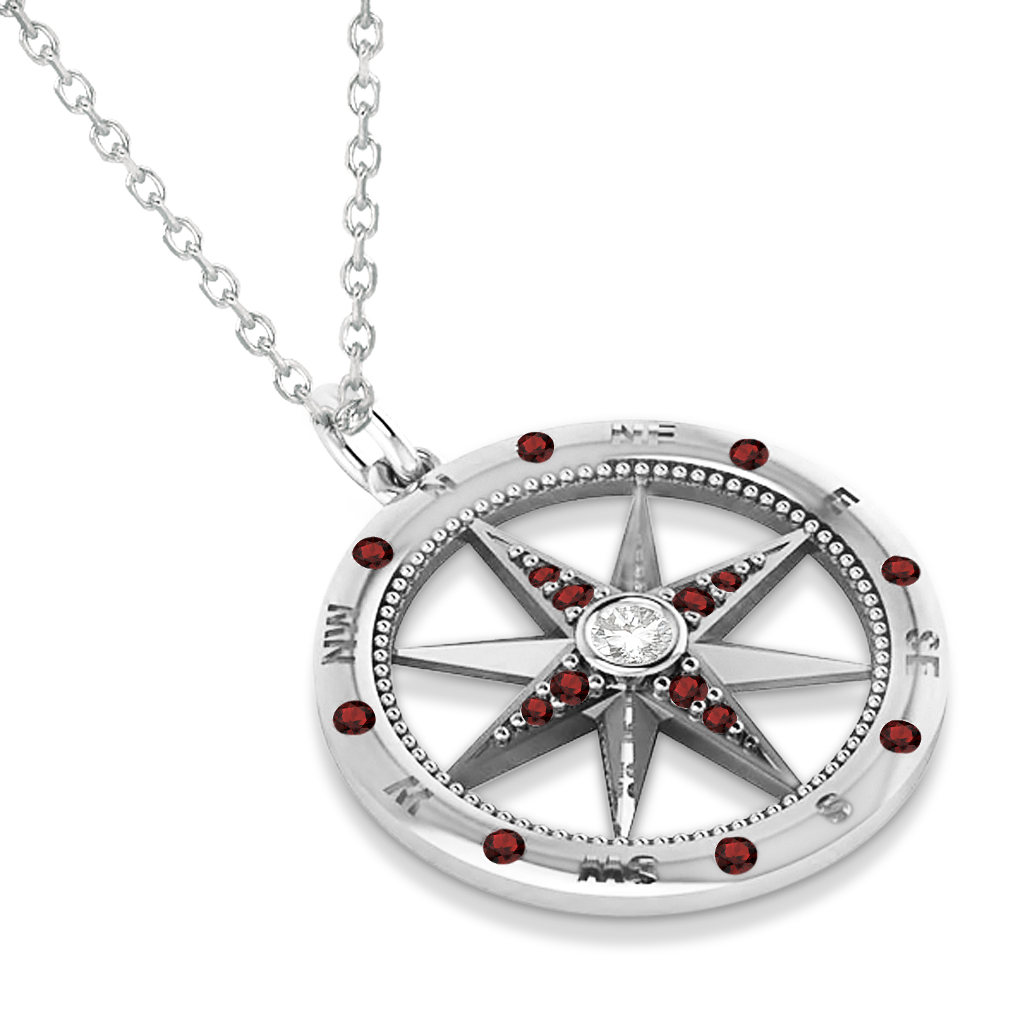 Compass Pendant Garnet & Diamond Accented 14k White Gold (0.19ct)