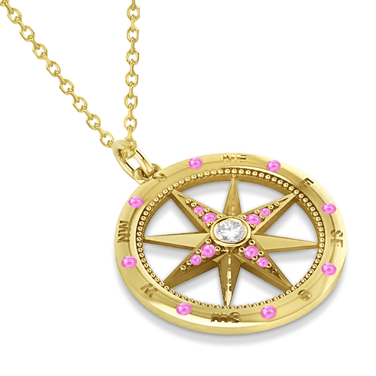 Compass Pendant Pink Sapphire & Diamond Accented 14k Yellow Gold (0.19ct)