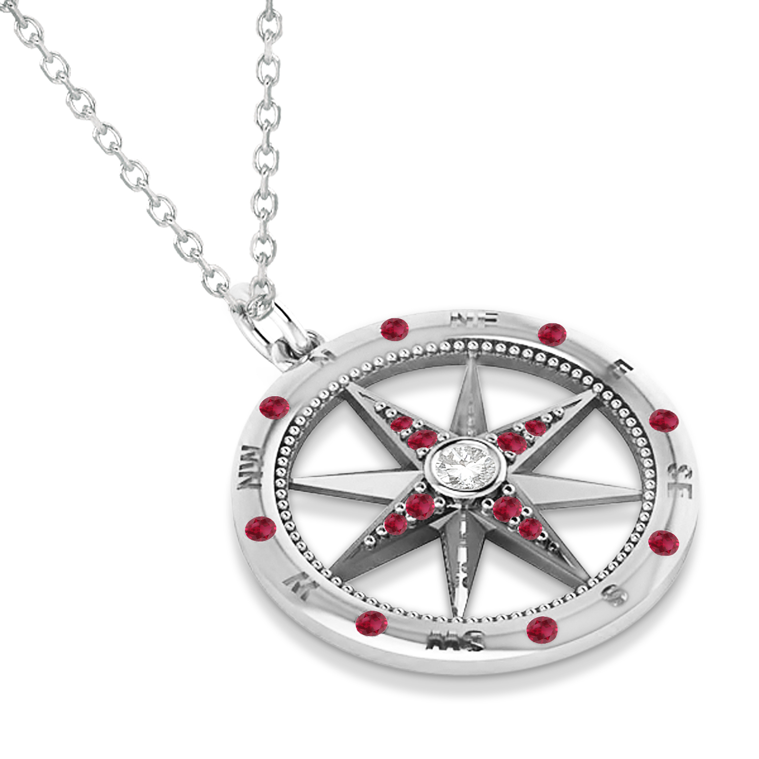 Compass Pendant Ruby & Diamond Accented 18k White Gold (0.19ct)