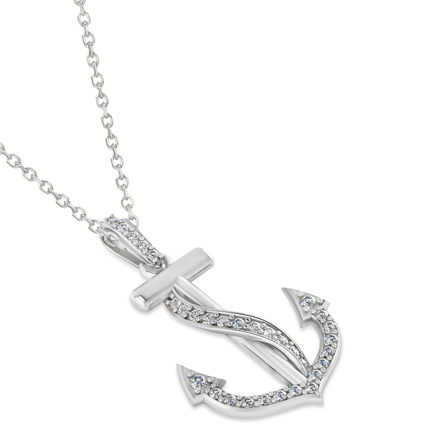 Diamond Ribbon Anchor Pendant Necklace 14K White Gold (0.35ct)