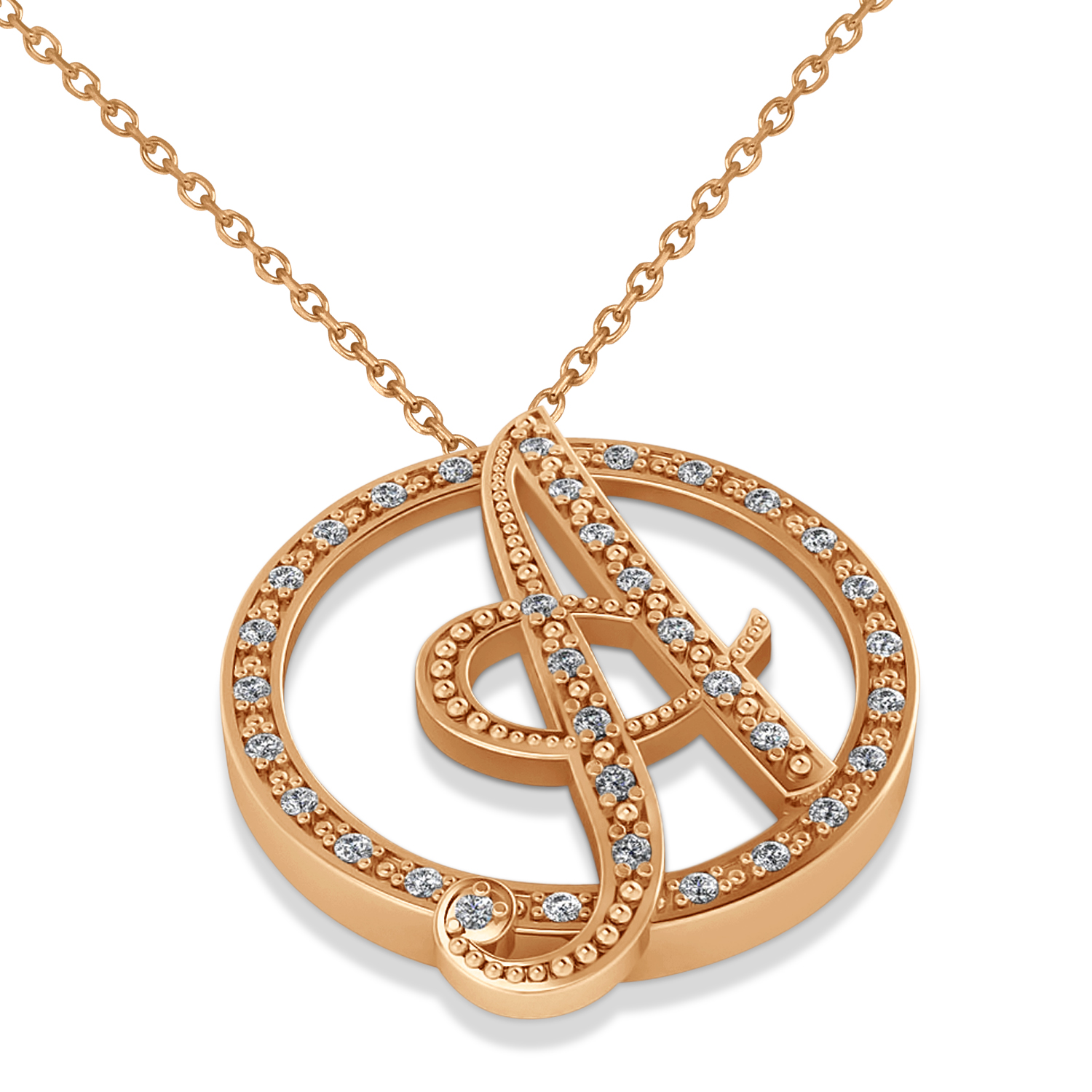Diamond Circle Script Initials Pendant Necklace 14k Rose Gold AD1820