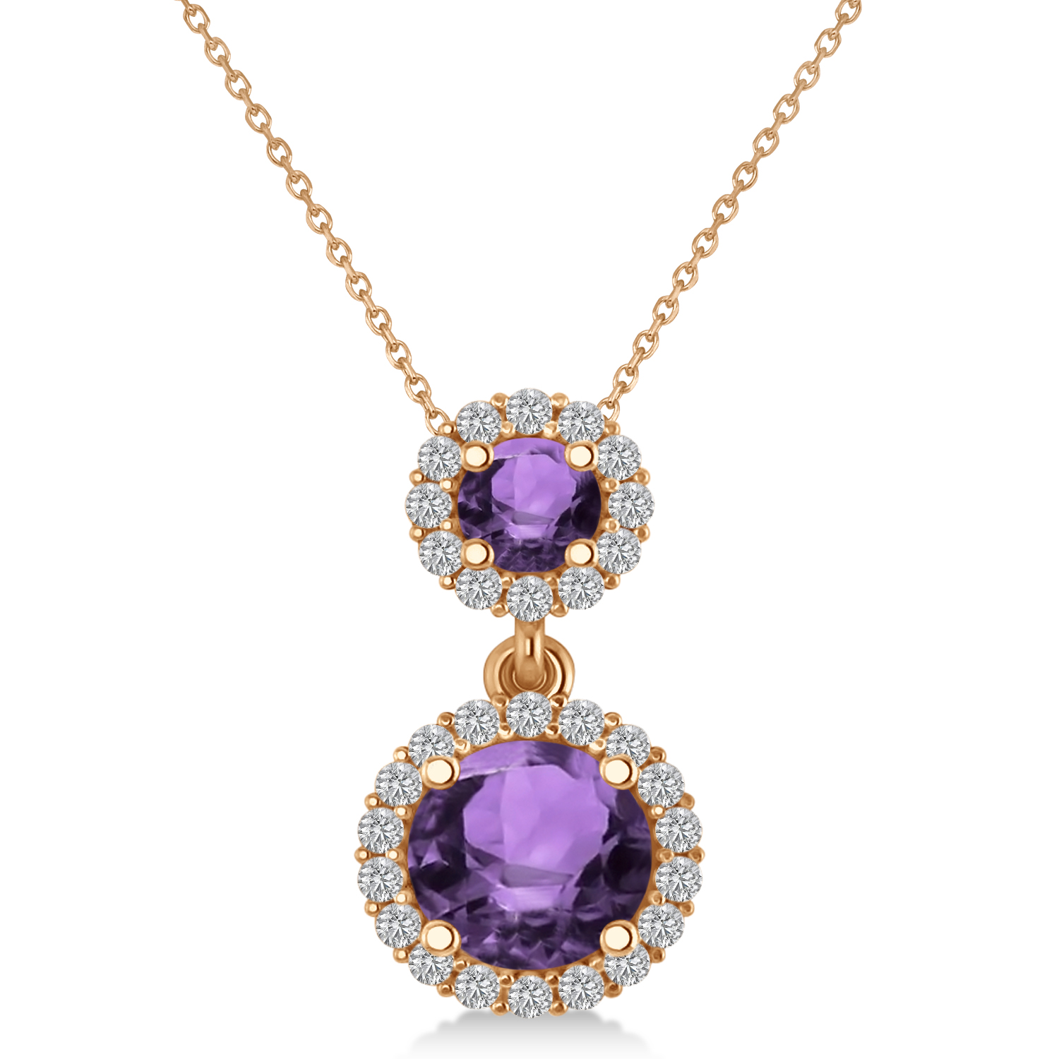 Two Stone Amethyst & Halo Diamond Necklace 14k Rose Gold (1.50ct)
