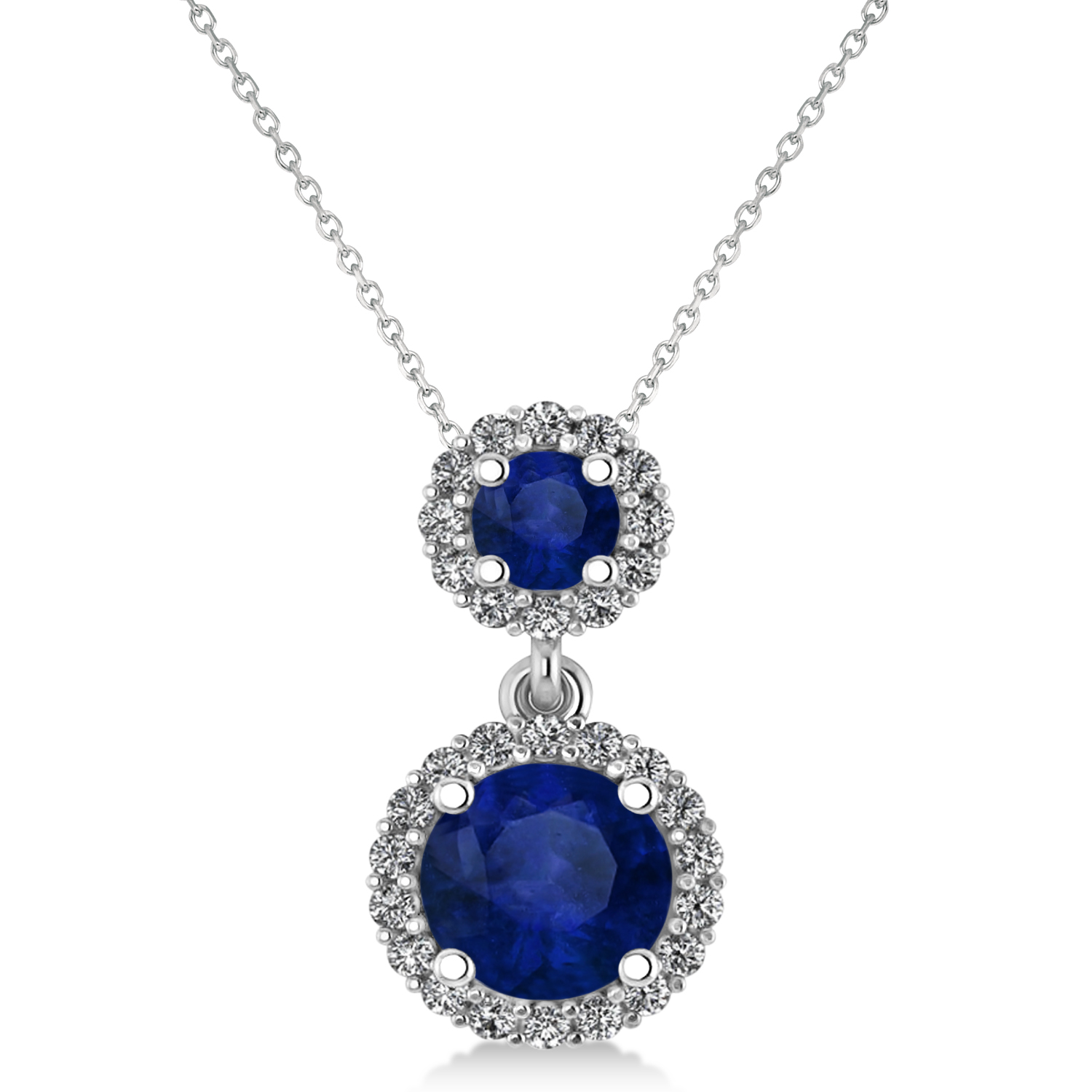 Two Stone Blue Sapphire & Halo Diamond Necklace 14k White